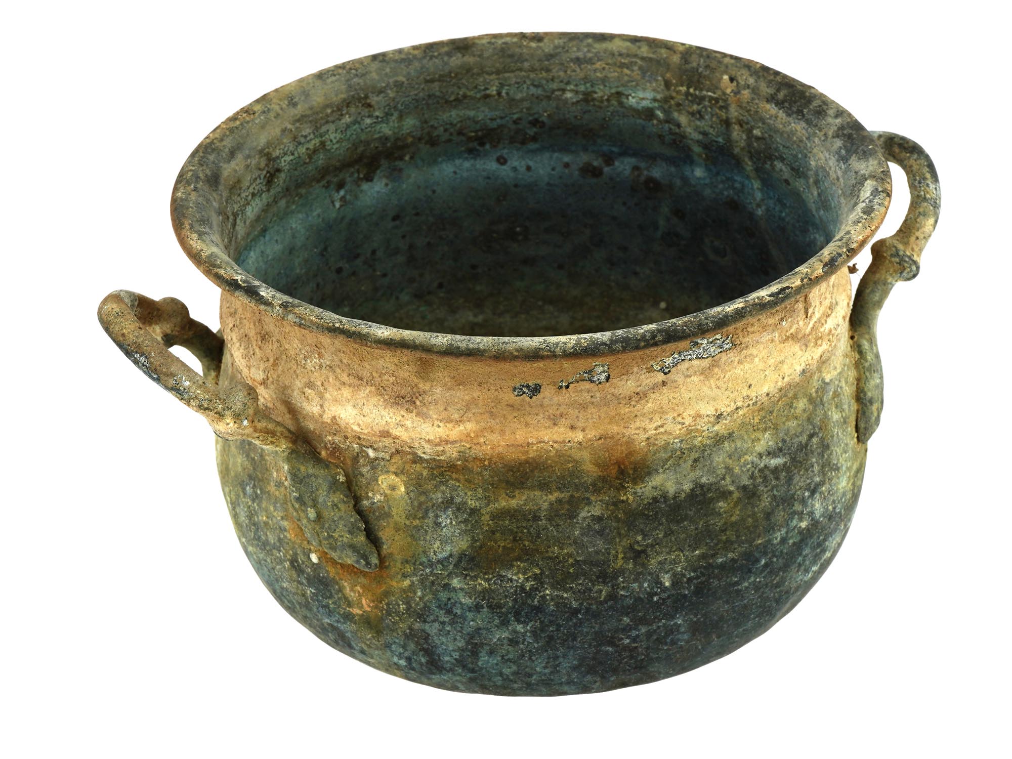 ANCIENT ROMAN PERIOD BRONZE POT WITH TWO HANDLES PIC-1