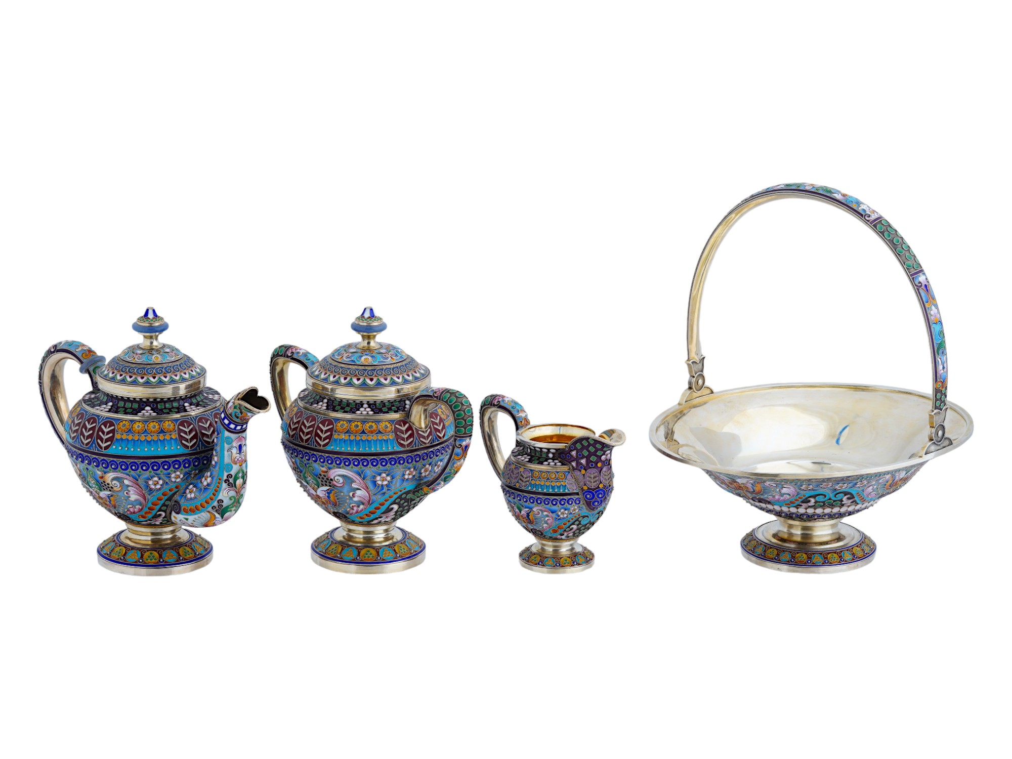 RUSSIAN SILVER ENAMEL FOUR PIECE TEA SET PIC-0