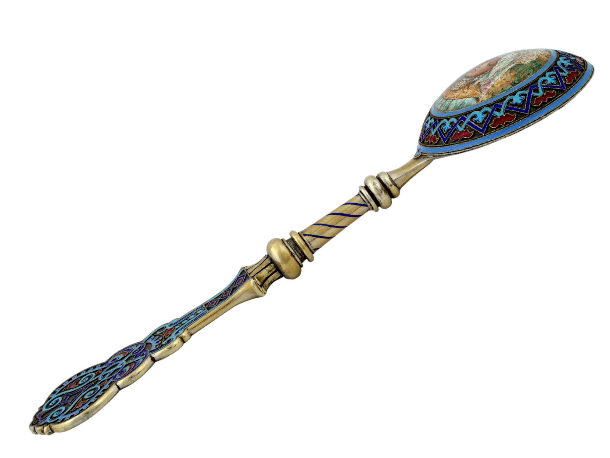 RUSSIAN GILT SILVER ENAMEL SERVING SPOON WITH MINIATURE PIC-2