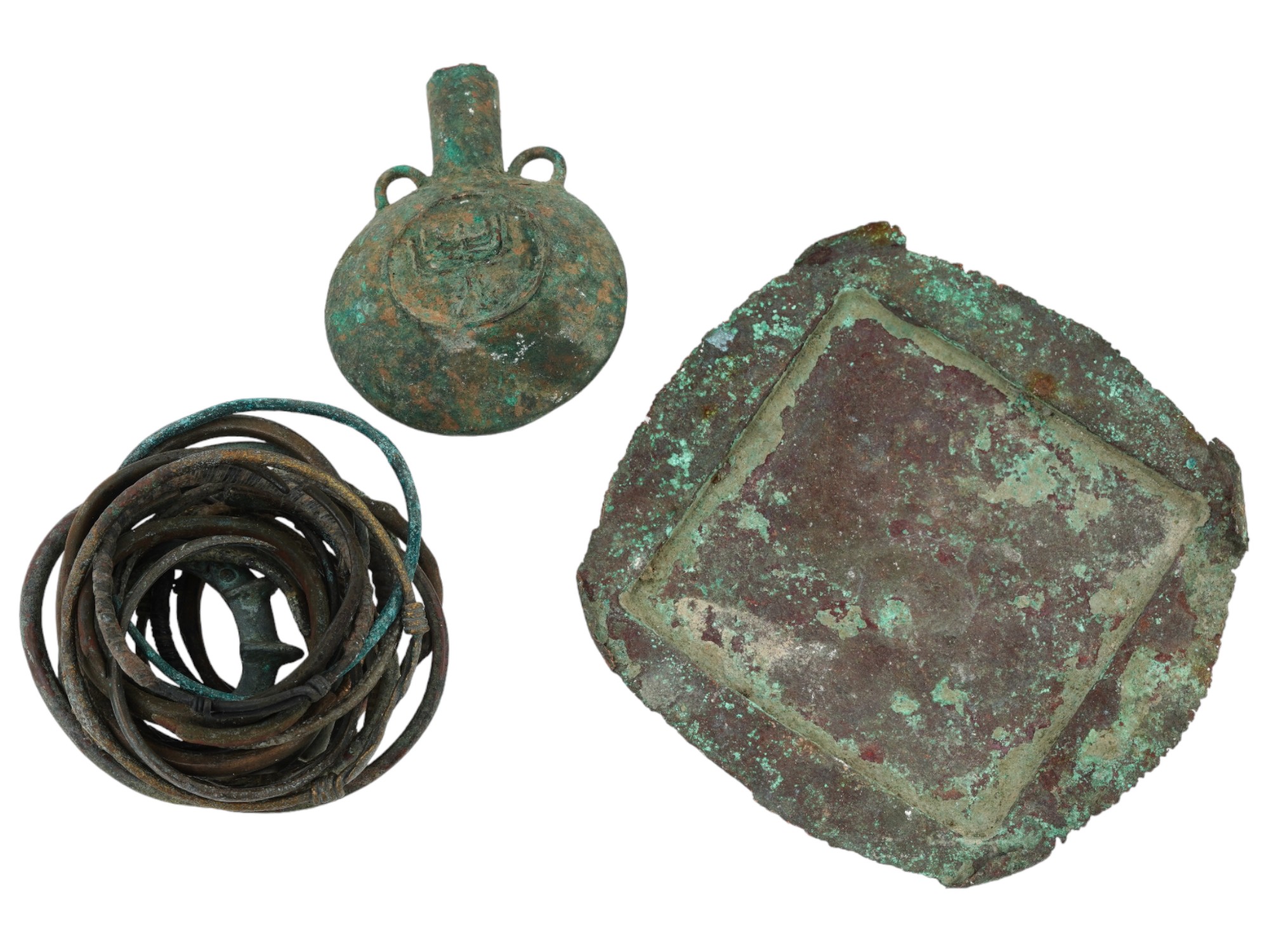 COLLECTION OF ANCIENT BRONZE BRACELETS, FLASK AND TRAY PIC-0