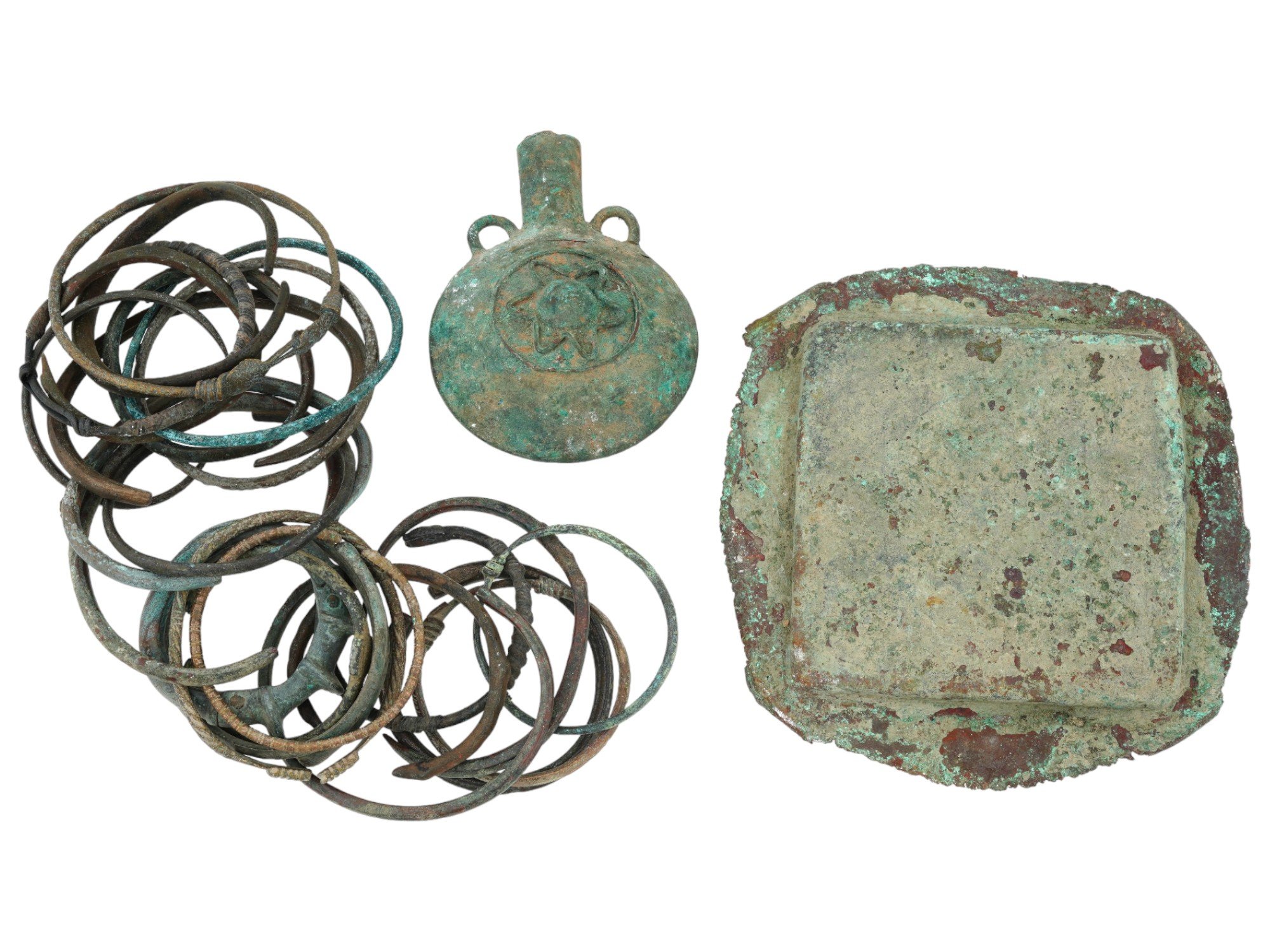 COLLECTION OF ANCIENT BRONZE BRACELETS, FLASK AND TRAY PIC-1