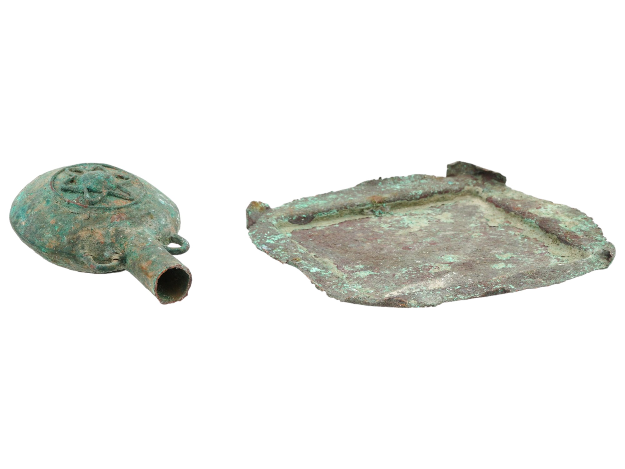 COLLECTION OF ANCIENT BRONZE BRACELETS, FLASK AND TRAY PIC-2