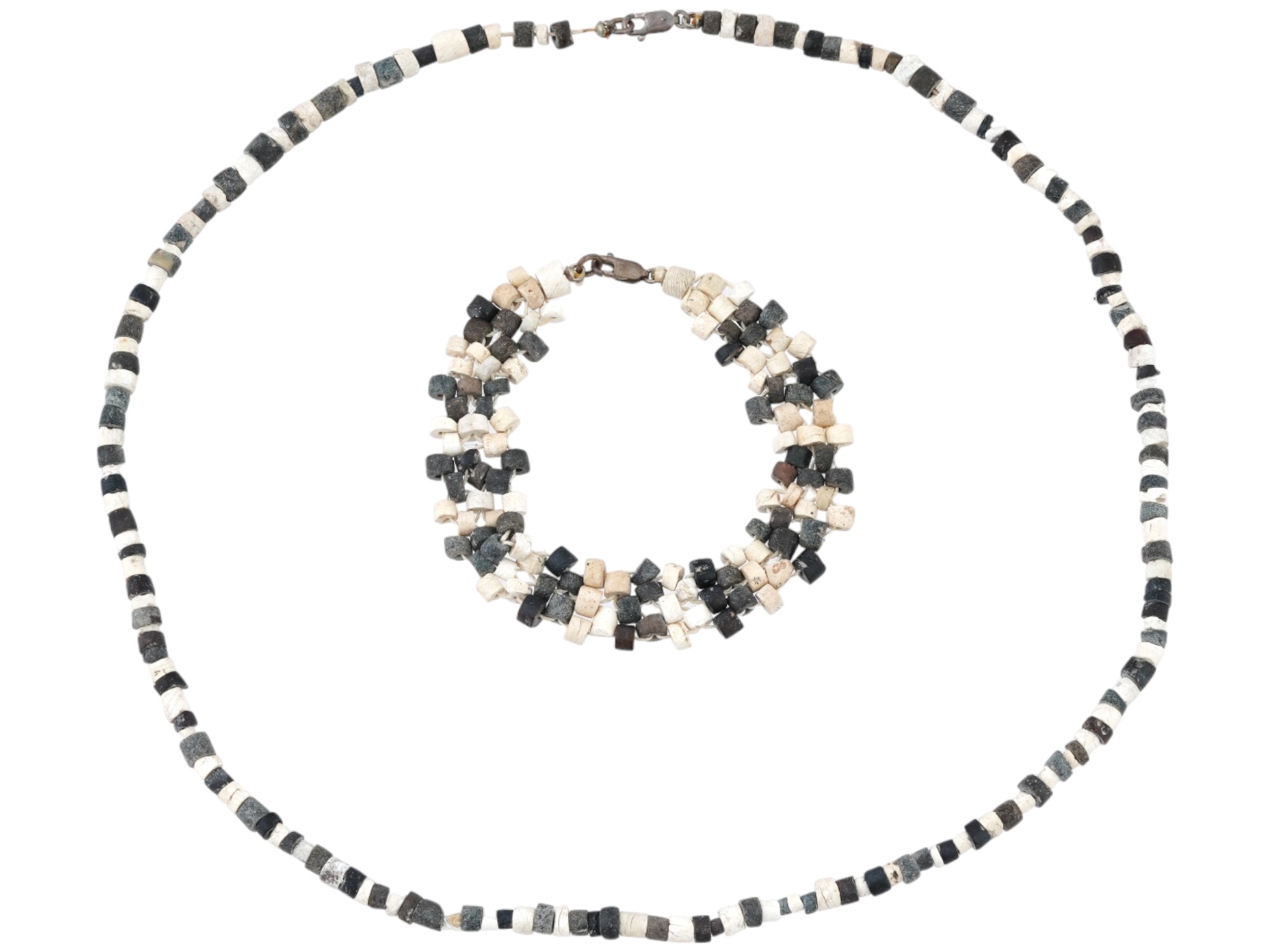 ANCIENT BLACK WHITE STONE BEAD NECKLACE AND BRACELET PIC-1