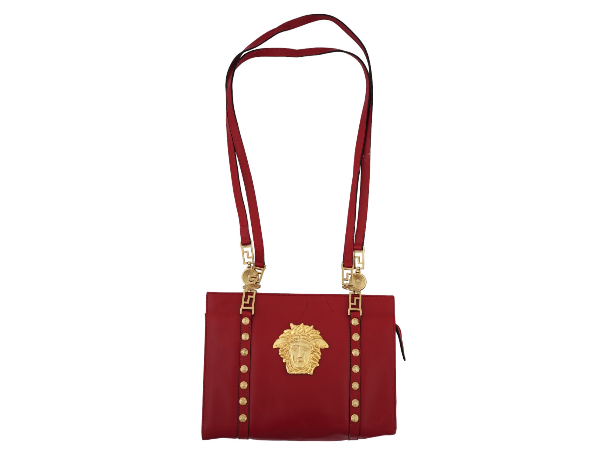 1990 VERSACE MEDUSA RED LEATHER SHOULDER BAG PIC-1