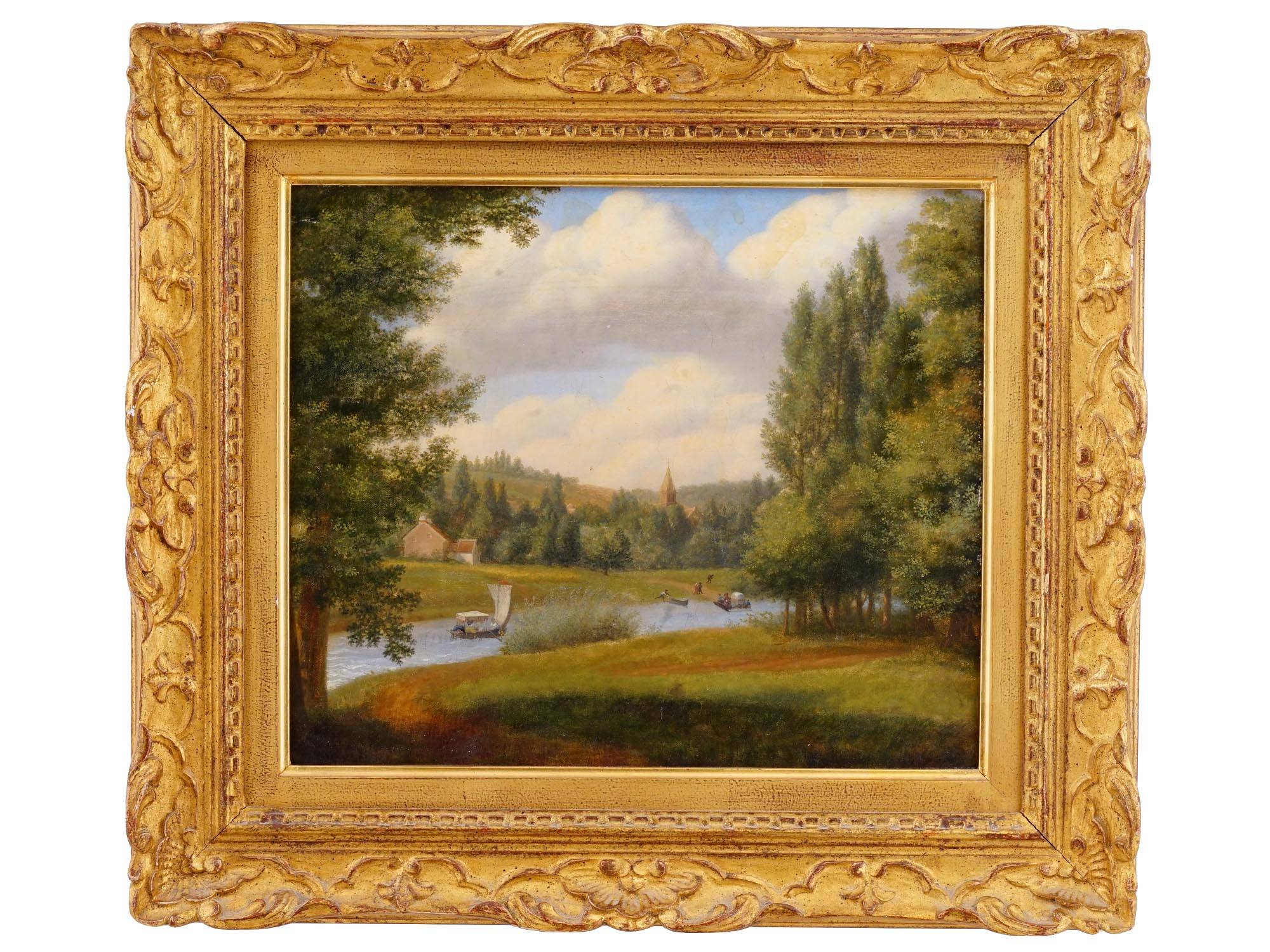 ANTIQUE 19TH C FRENCH RIVER LANDSCAPE OIL PAINTING PIC-0