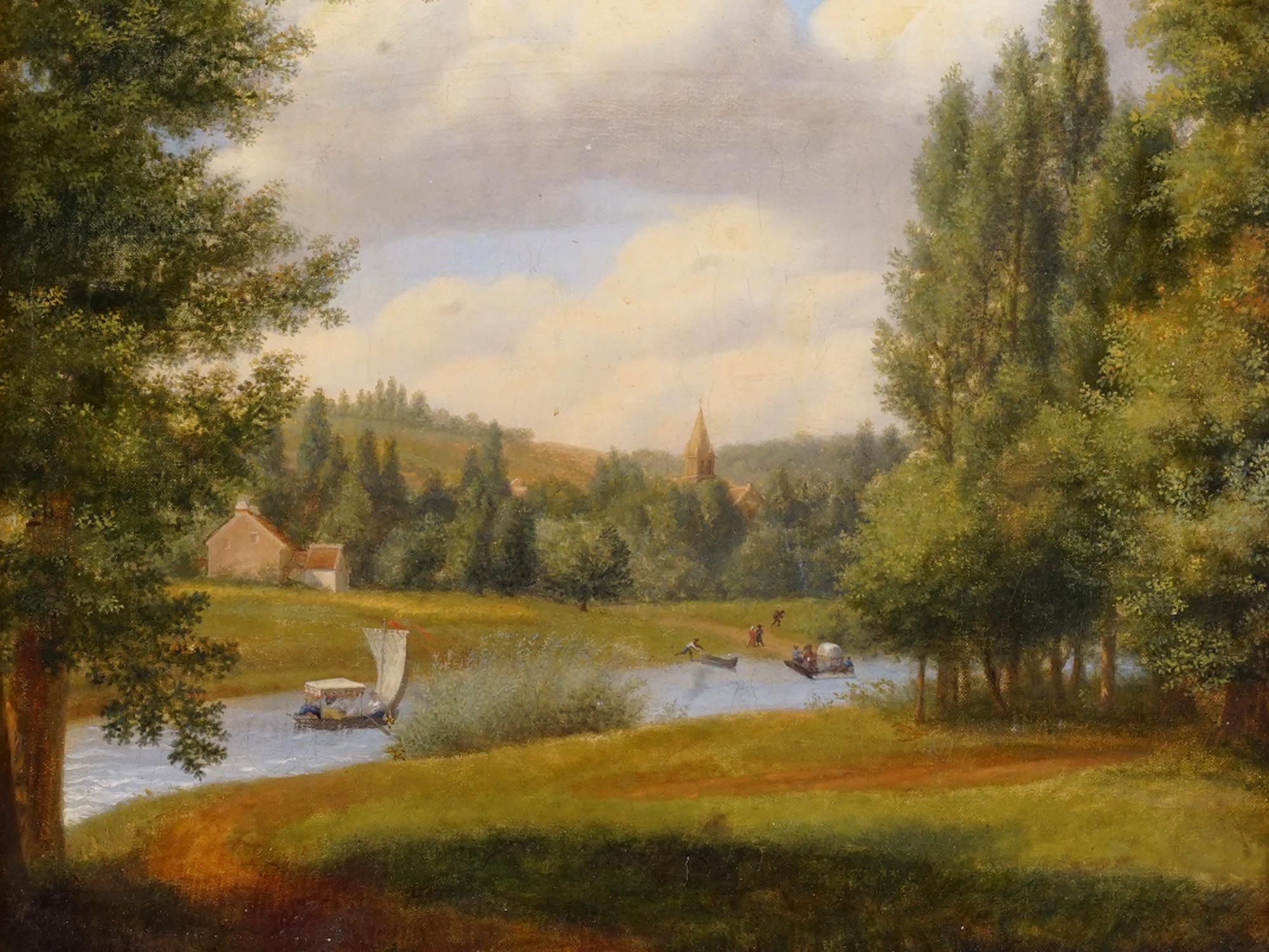 ANTIQUE 19TH C FRENCH RIVER LANDSCAPE OIL PAINTING PIC-1