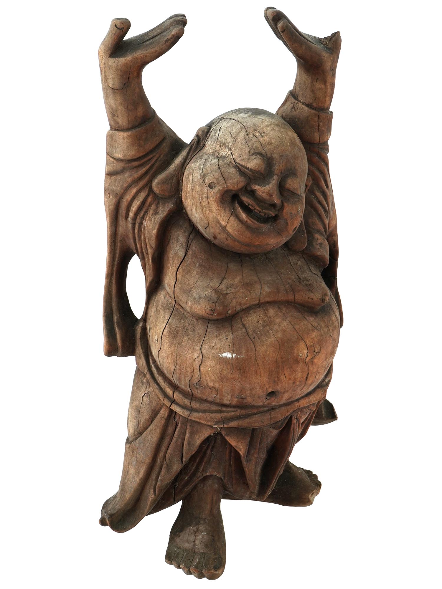 ANTIQUE CHINESE CARVED WOOD SCULPTURE OF HAPPY BUDDHA PIC-0