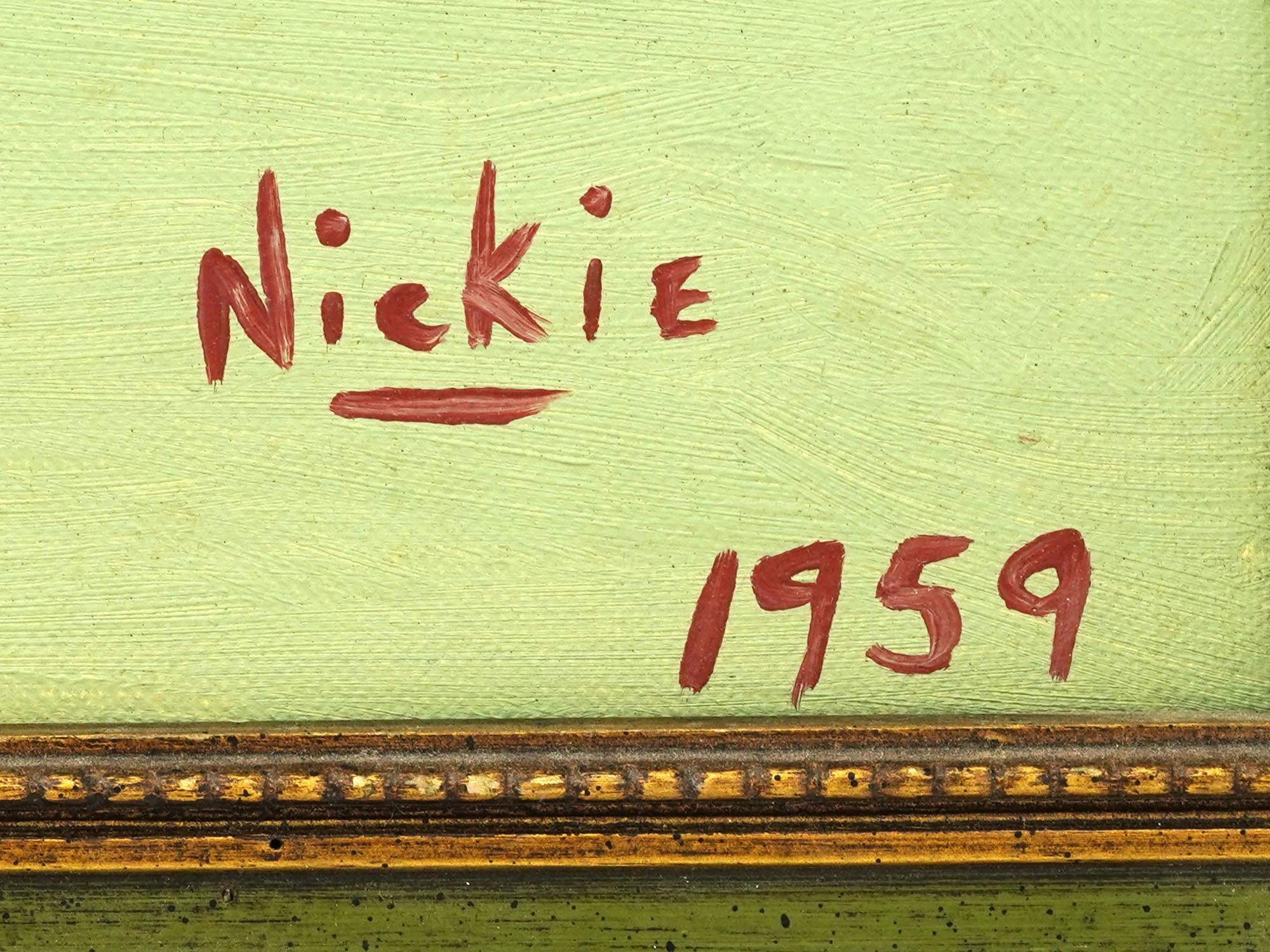MID CENTURY OIL ON BOARD PAINTING SIGNED NICKIE PIC-2