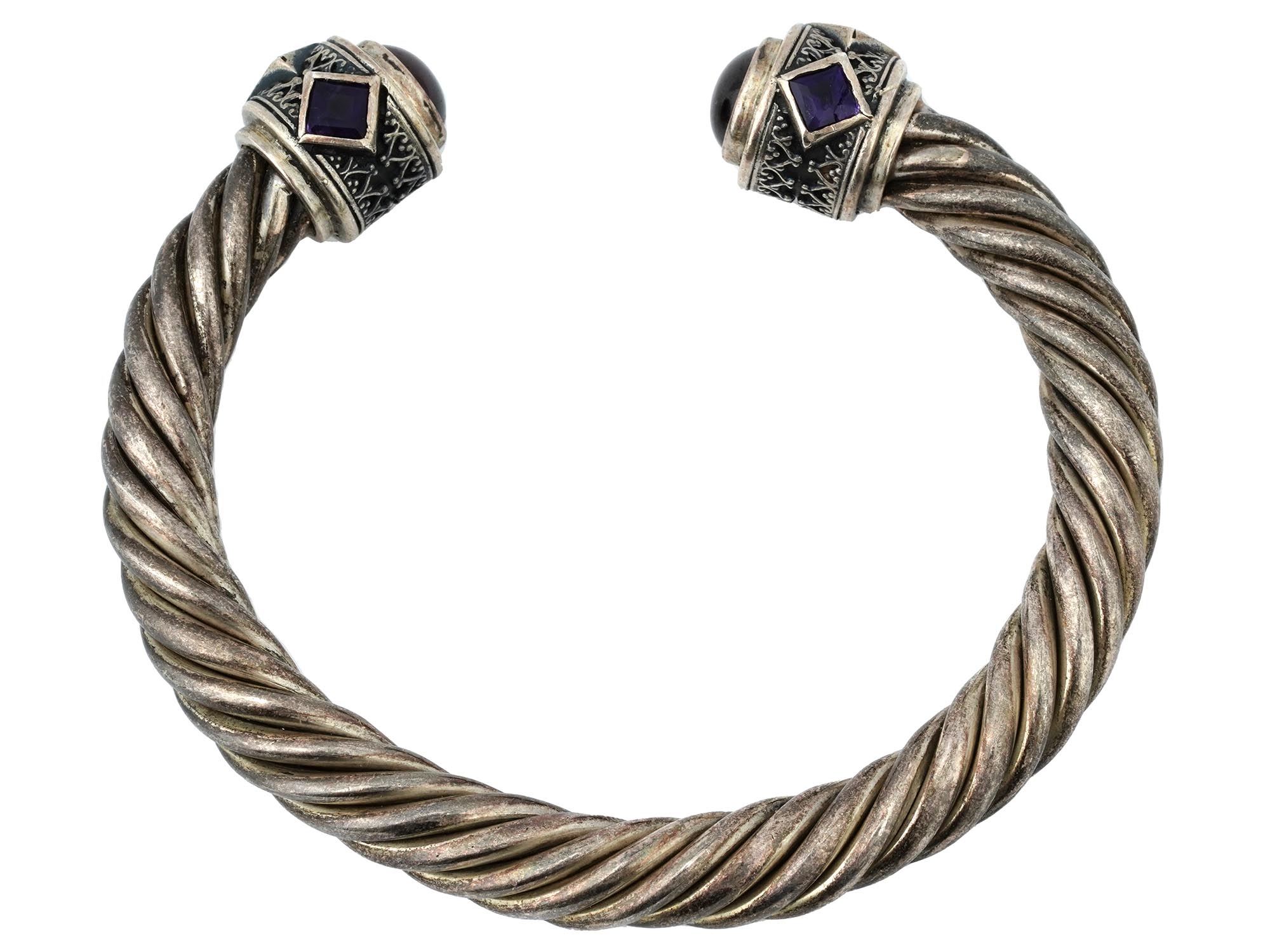 SILVER TWISTING CABLE CUFF BRACELET WITH STONES PIC-3