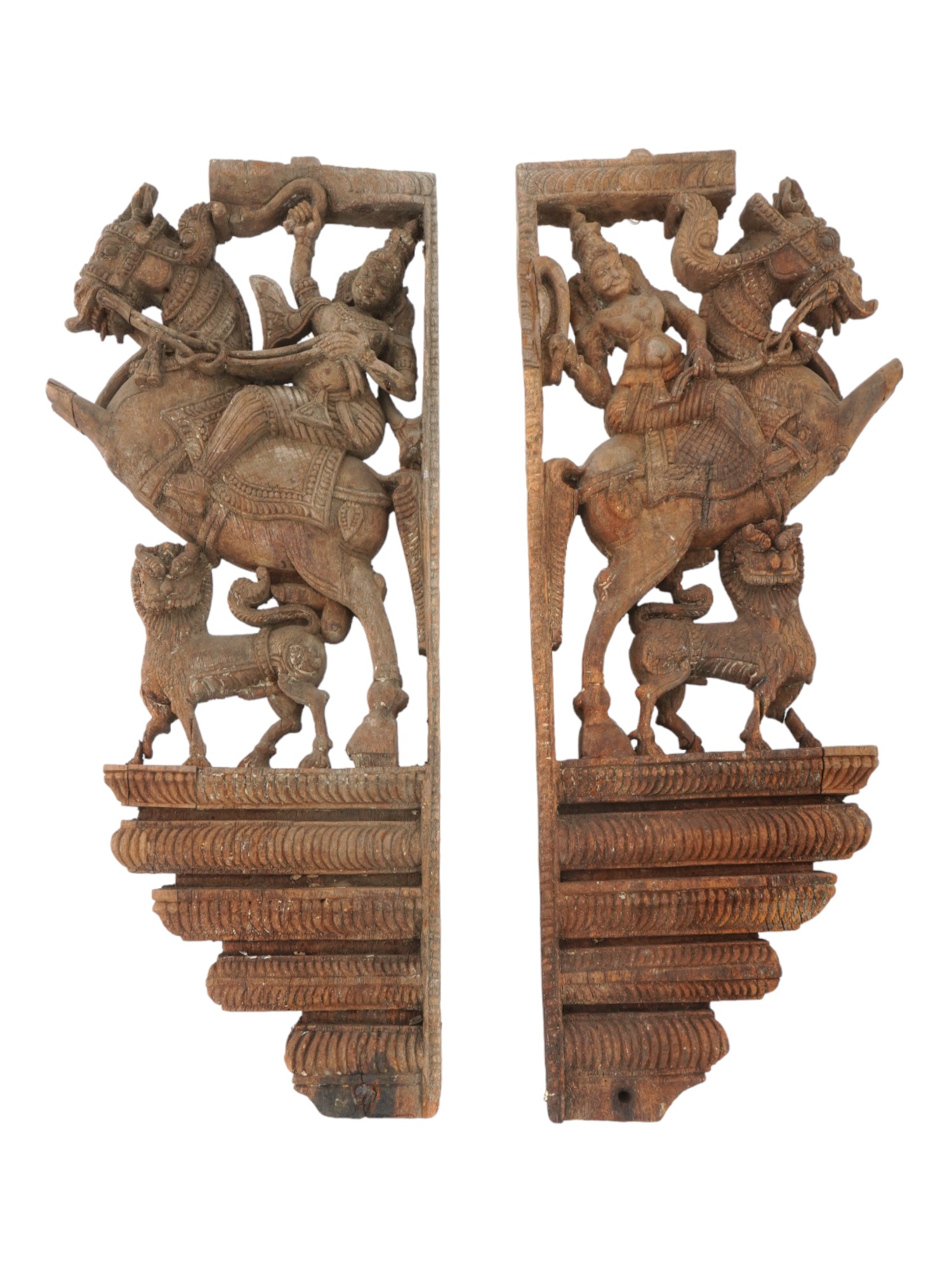 PAIR OF INDIAN CARVED RELIEF WOODEN WALL BRACKETS PIC-0