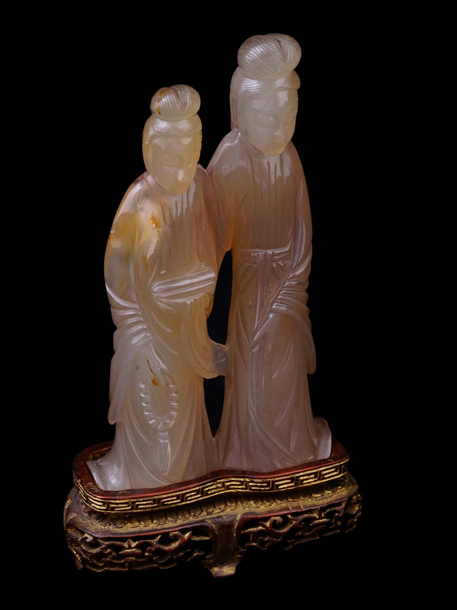 CHINESE HAND CARVED AGATE FIGURE OF COURT LADIES PIC-1