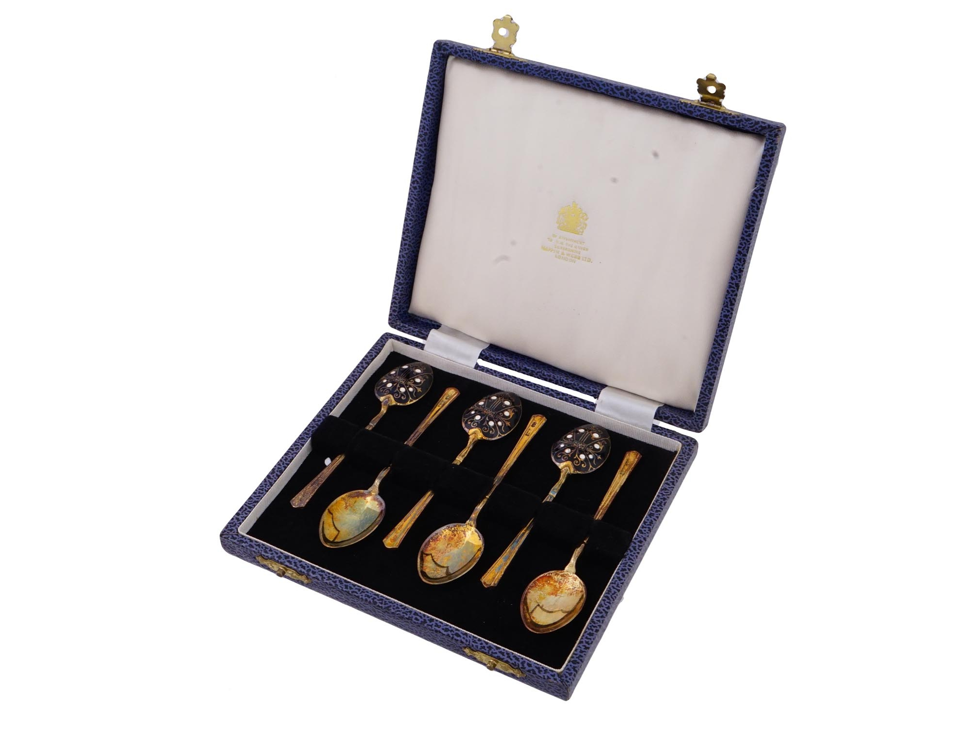 ENGLISH GILT SILVER ENAMEL SPOONS SET MAPPIN WEBB PIC-0