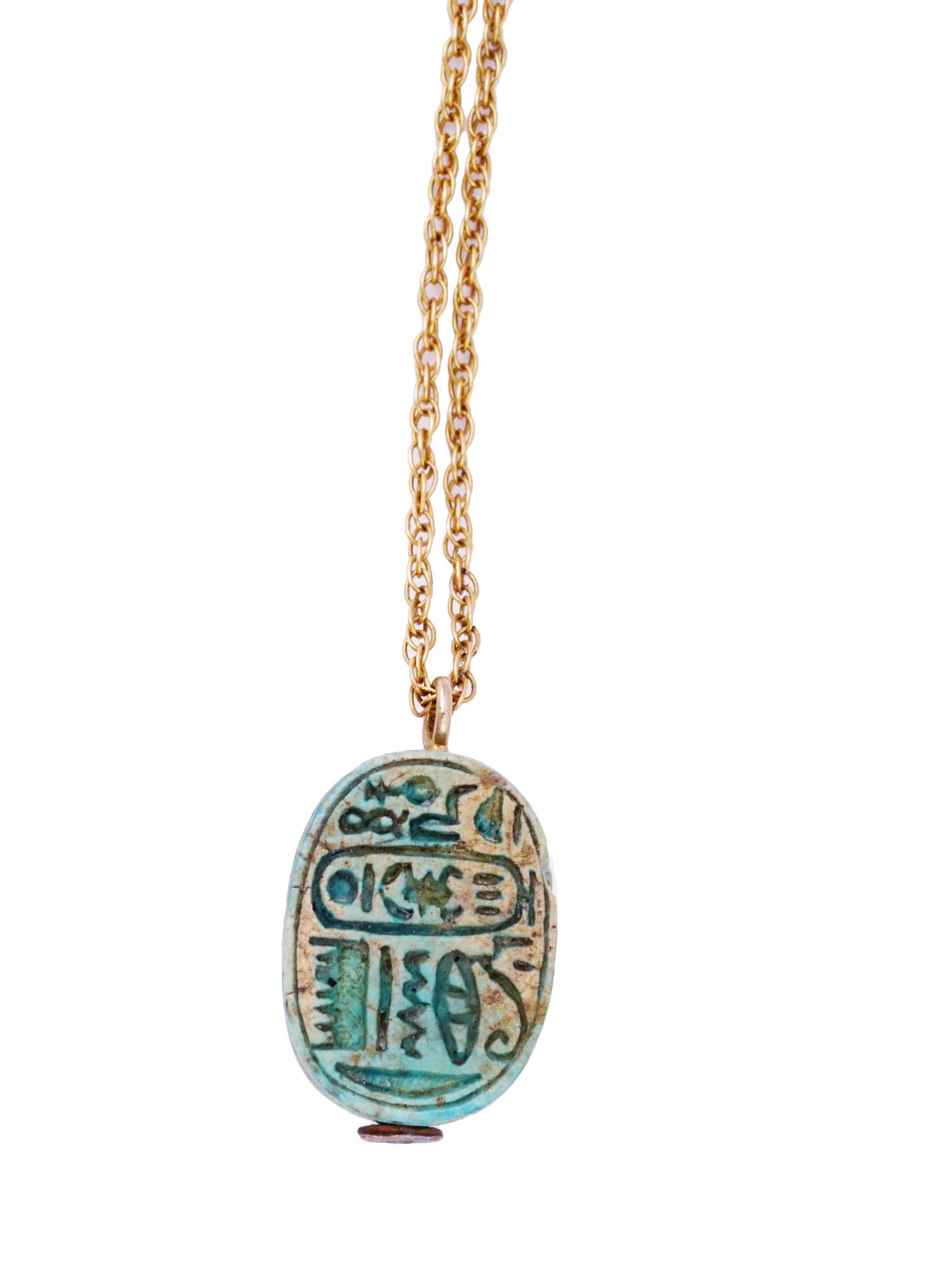 EGYPTIAN FAIENCE SCARAB NECKLACE WITH 14K GOLD CHAIN PIC-4