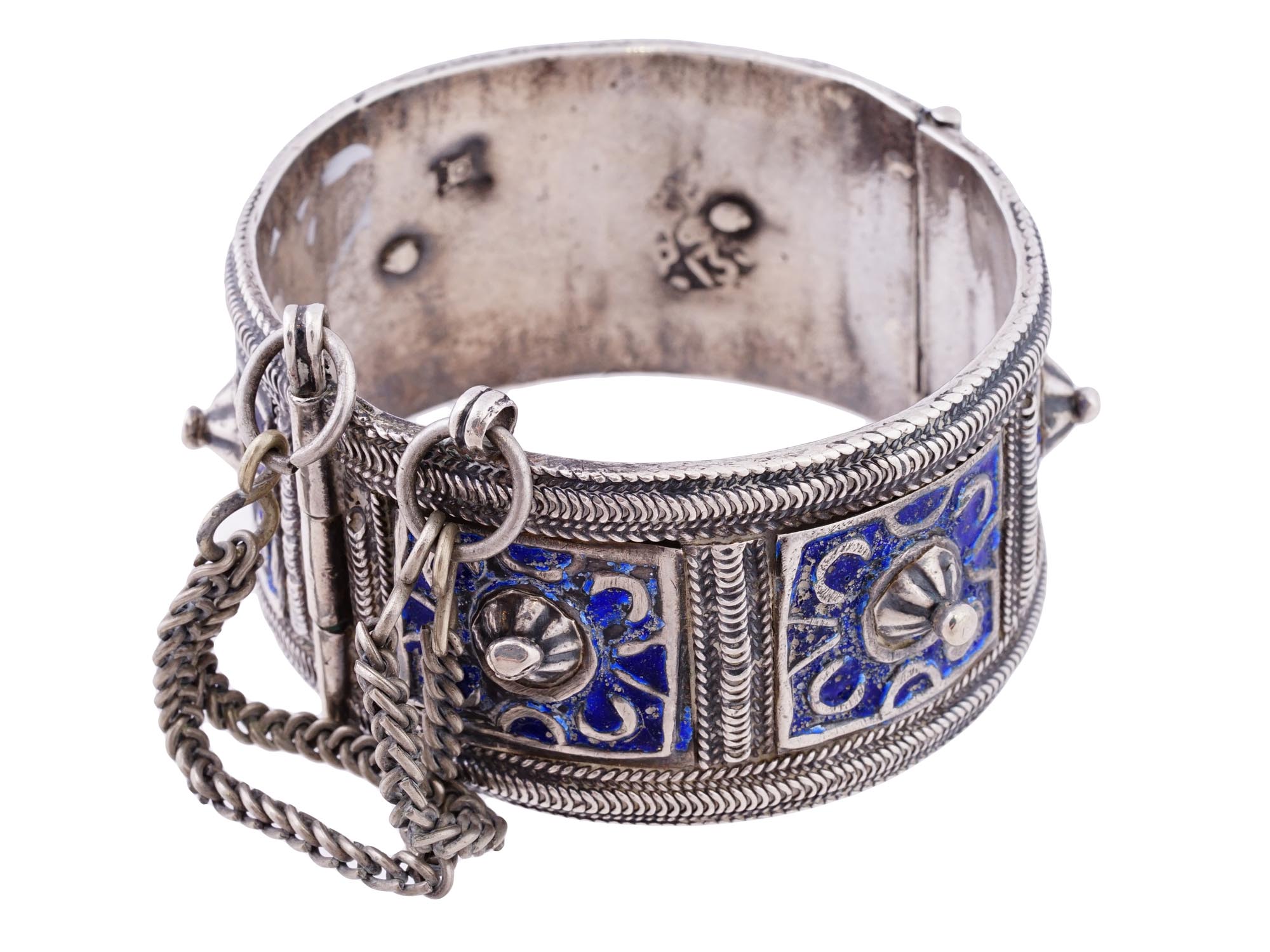 ANTIQUE BERBER SILVER AND BLUE ENAMEL BRACELET PIC-3