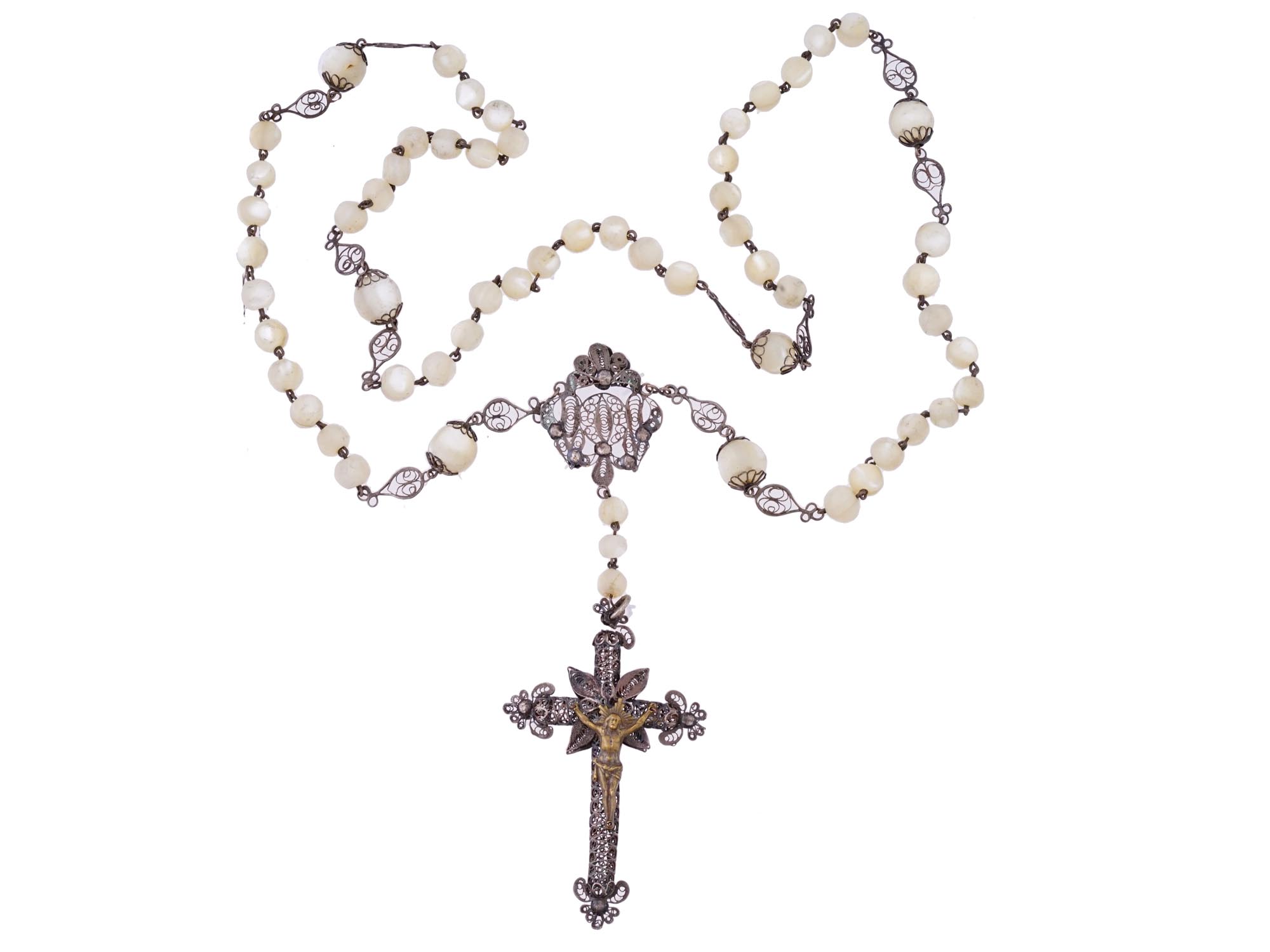 ANTIQUE SPANISH CATHOLIC SILVER PEARL ROSARY W CRUCIFIX PIC-0