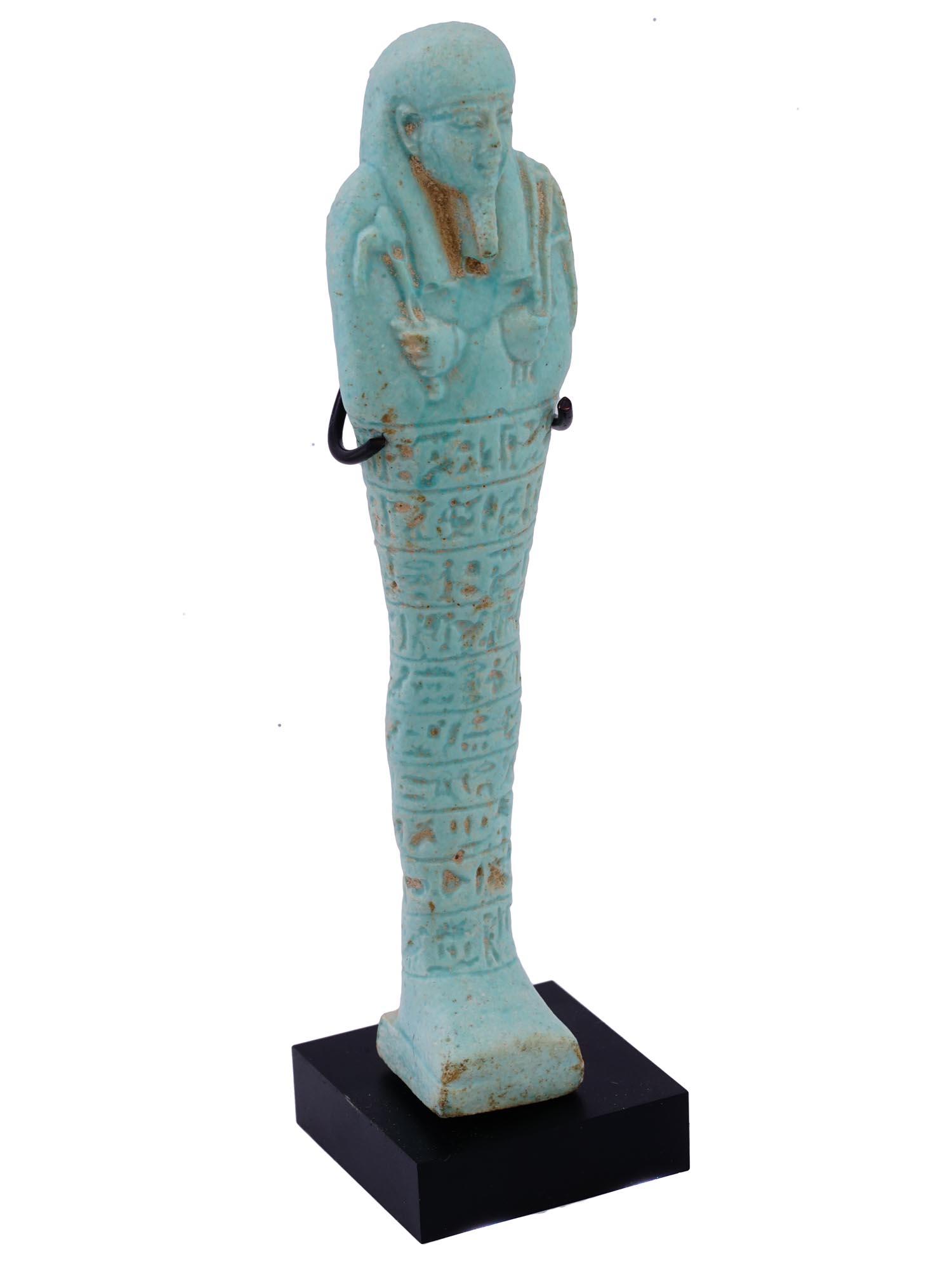 EGYPTIAN FAIENCE USHABTI FIGURE WITH CHARACTERS ON BASE PIC-0