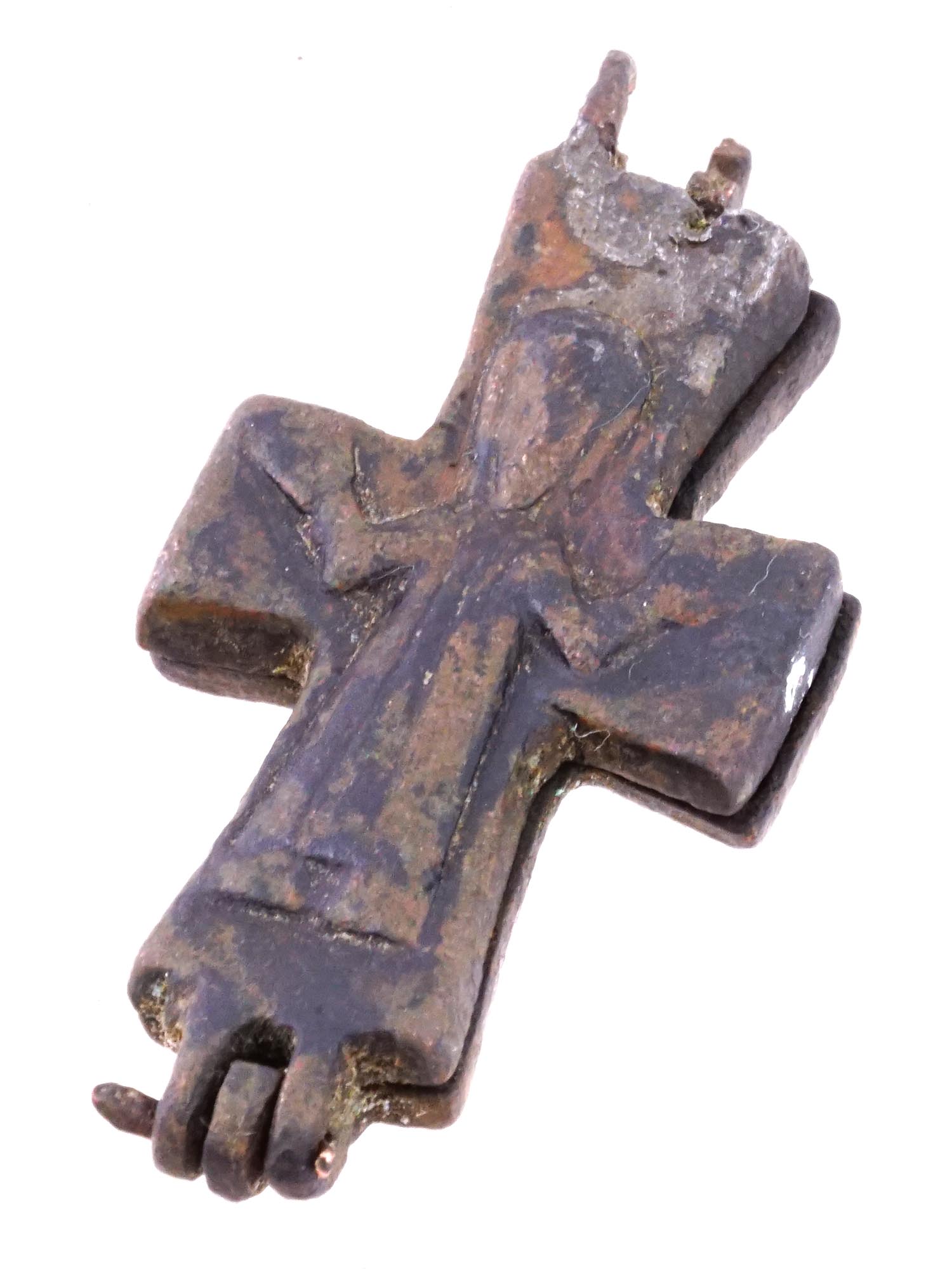 ANCIENT BYZANTINE BRONZE TWO PART RELIQUARY CROSS PIC-0