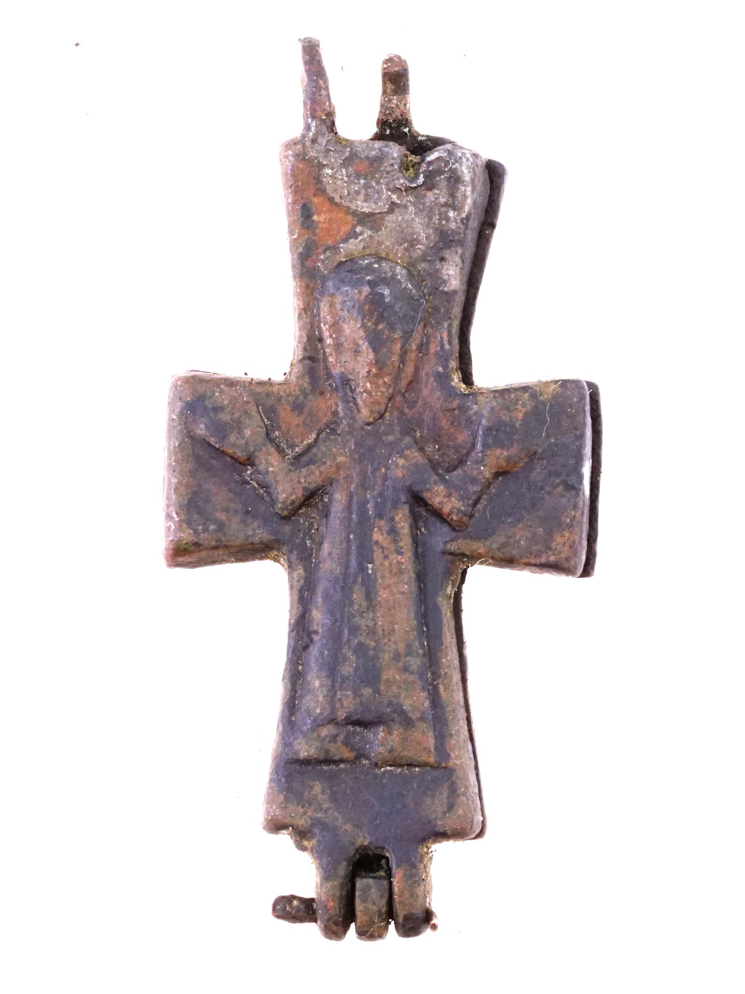 ANCIENT BYZANTINE BRONZE TWO PART RELIQUARY CROSS PIC-1