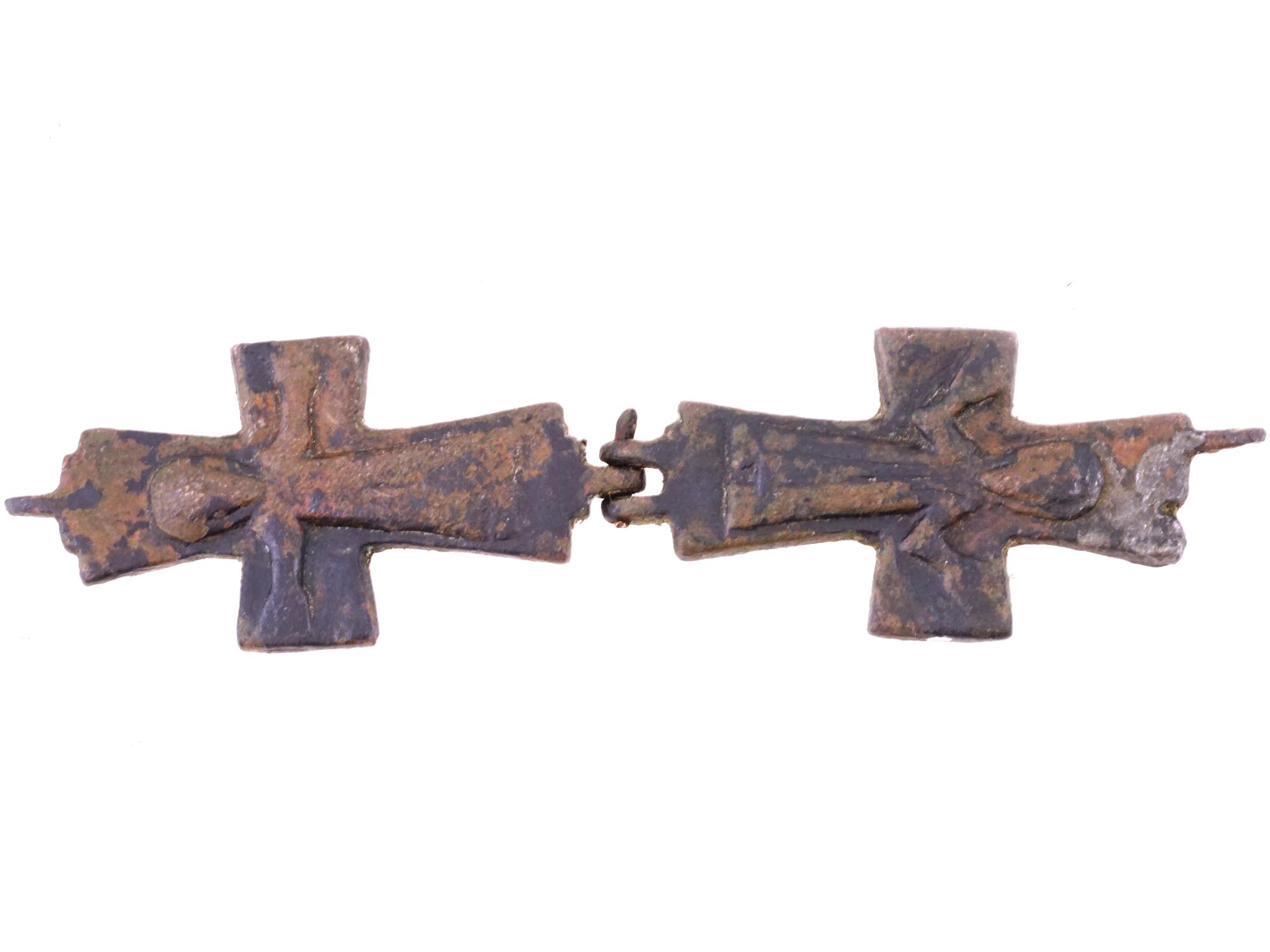 ANCIENT BYZANTINE BRONZE TWO PART RELIQUARY CROSS PIC-6