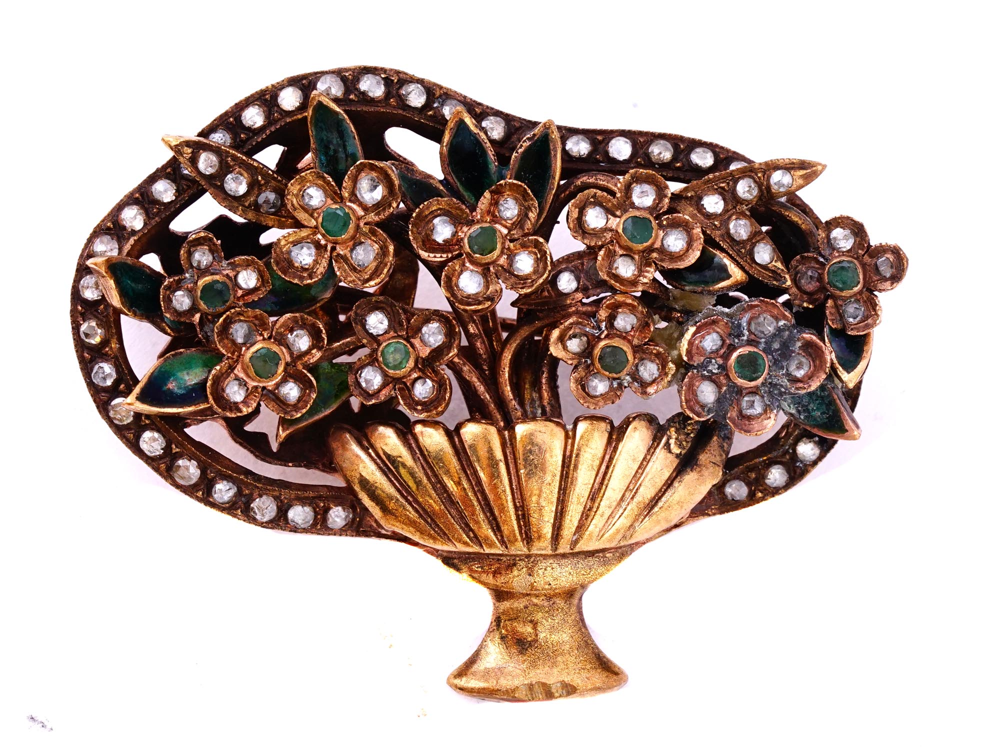 MAYBE 14K AND 18K GOLD ENAMEL EMERALDS DIAMONDS BROOCH PIC-0