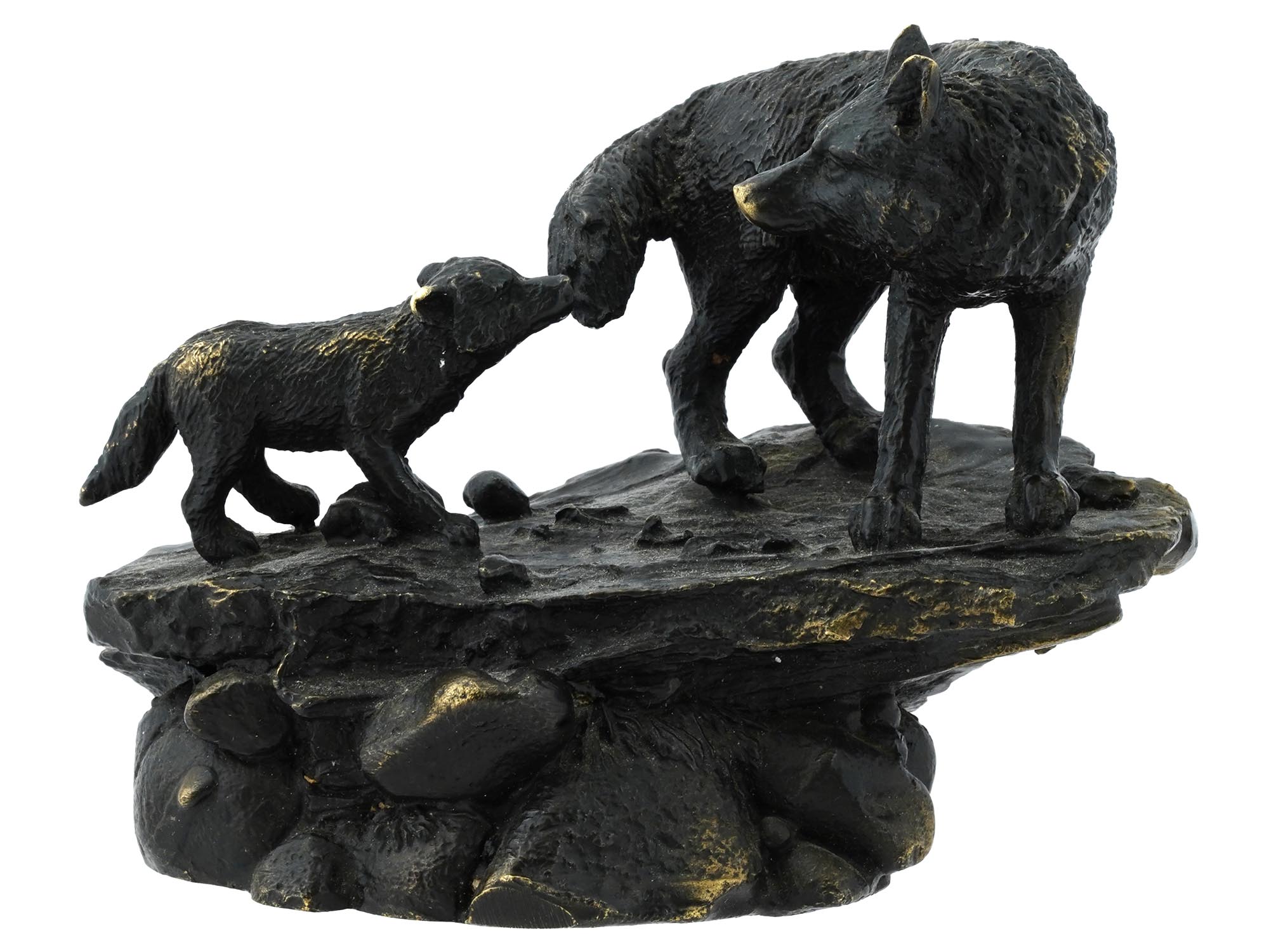 EUROPEAN PATINATED BRONZE SHE WOLF W CUB SCULPTURE PIC-0