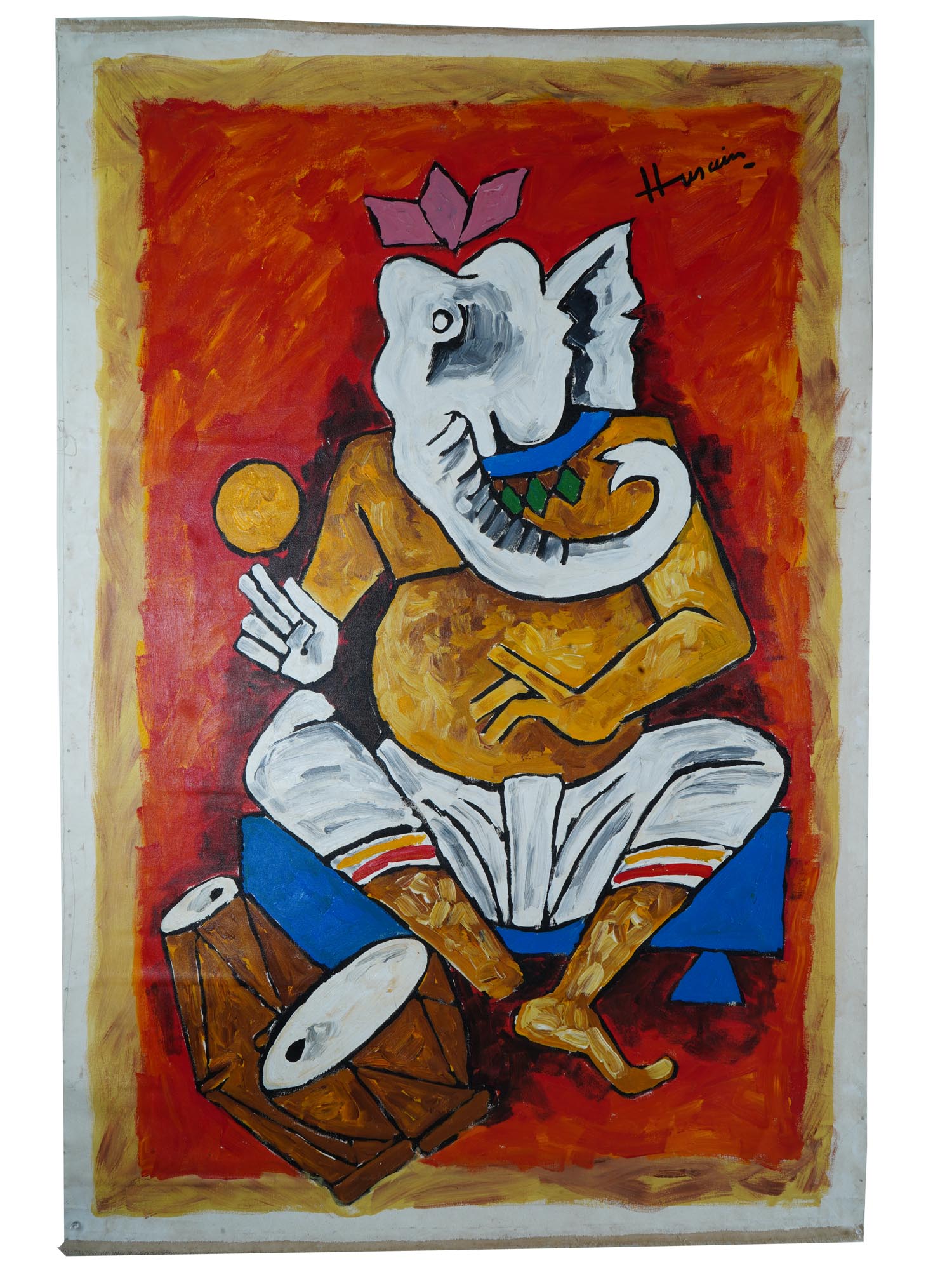 INDIAN ACRYLIC PAINTING BY MAQBOOL F HUSAIN WITH COA PIC-0