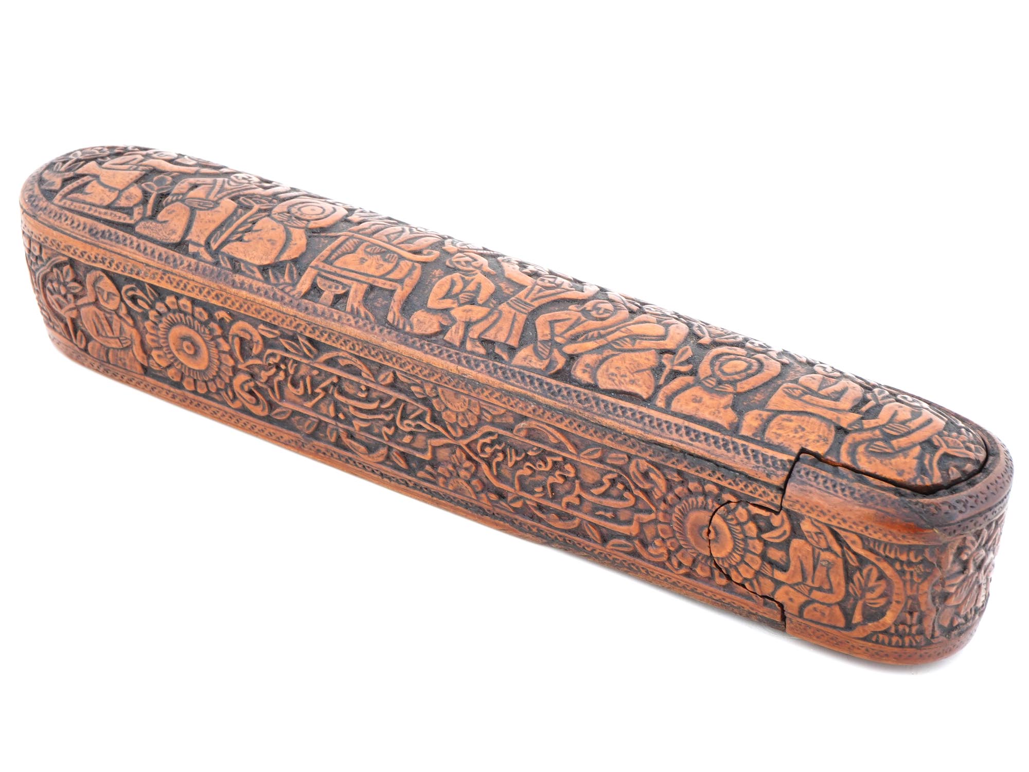 ANTIQUE PERSIAN QAJAR HAND CARVED WOODEN PEN BOX PIC-0