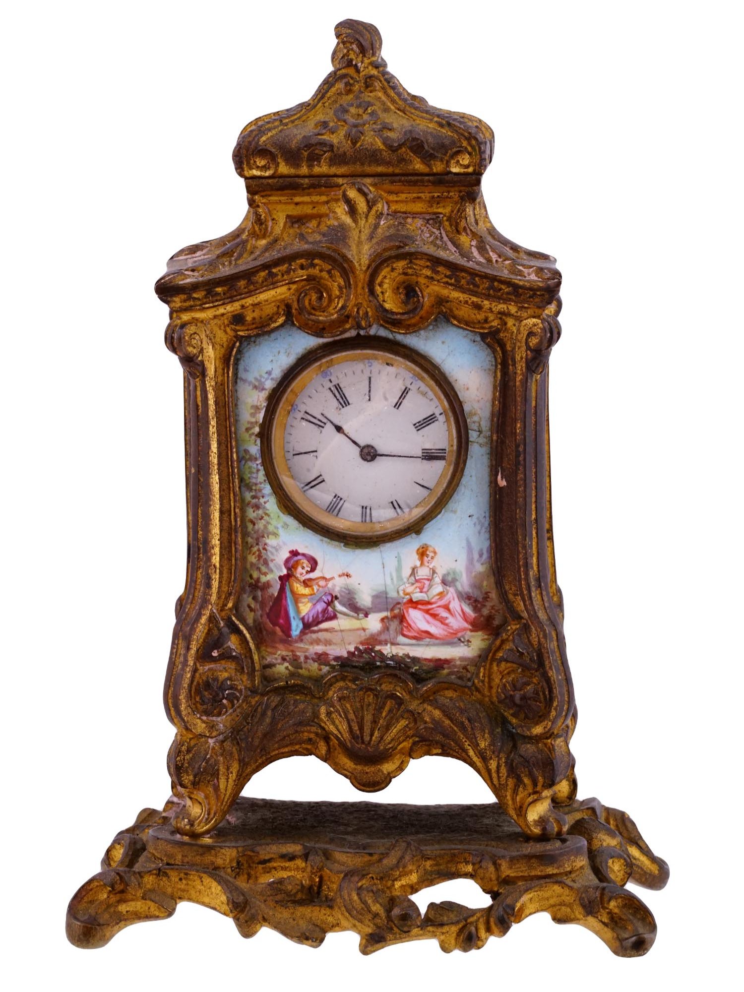 ANTIQUE 19TH C AUSTRIAN VIENNESE ENAMEL GILT CLOCK PIC-0