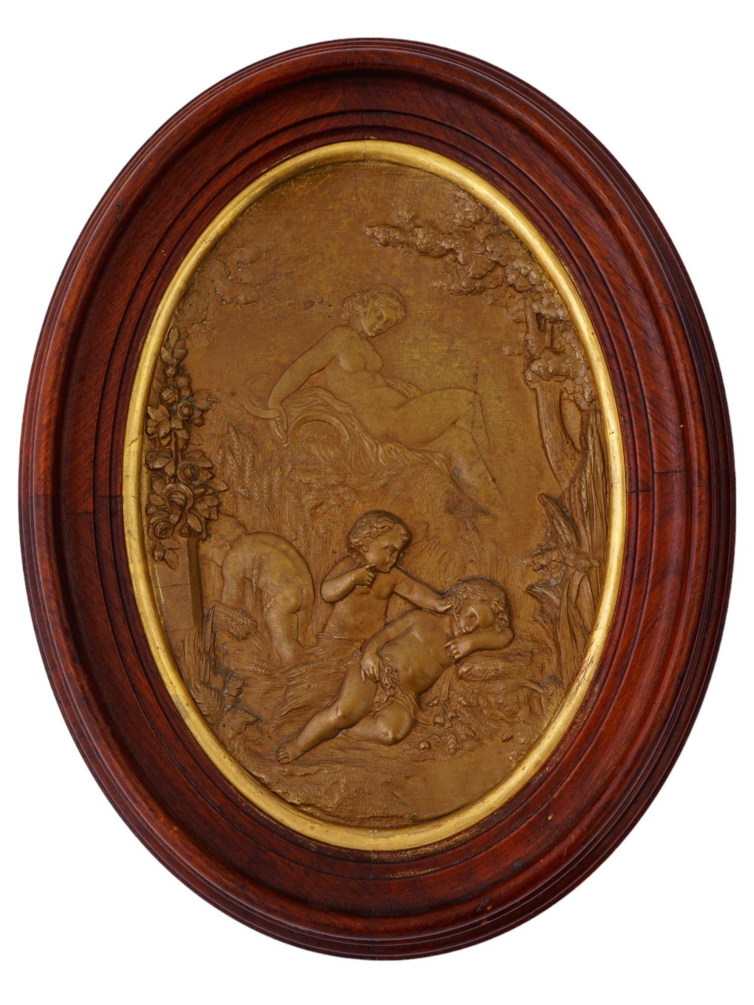 OVAL PATINATED BRONZE WALL PLAQUES W CHERUB DECOR PIC-2