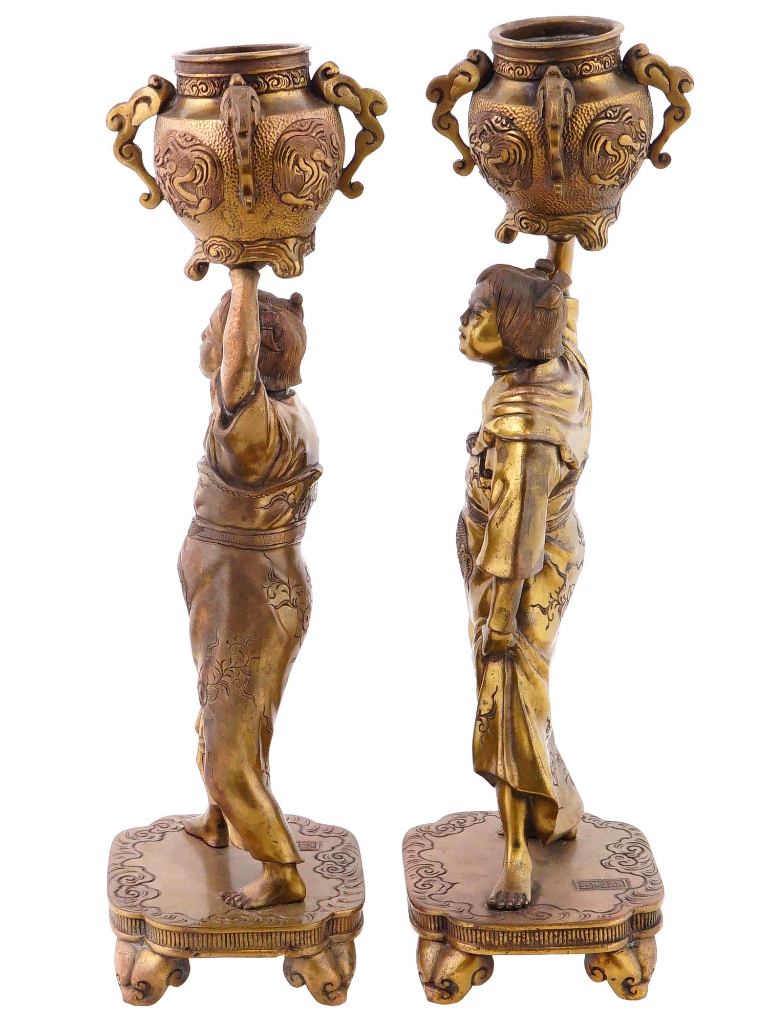 ANTIQUE JAPANESE MEIJI FIGURAL BRONZE CANDLE HOLDERS PIC-2