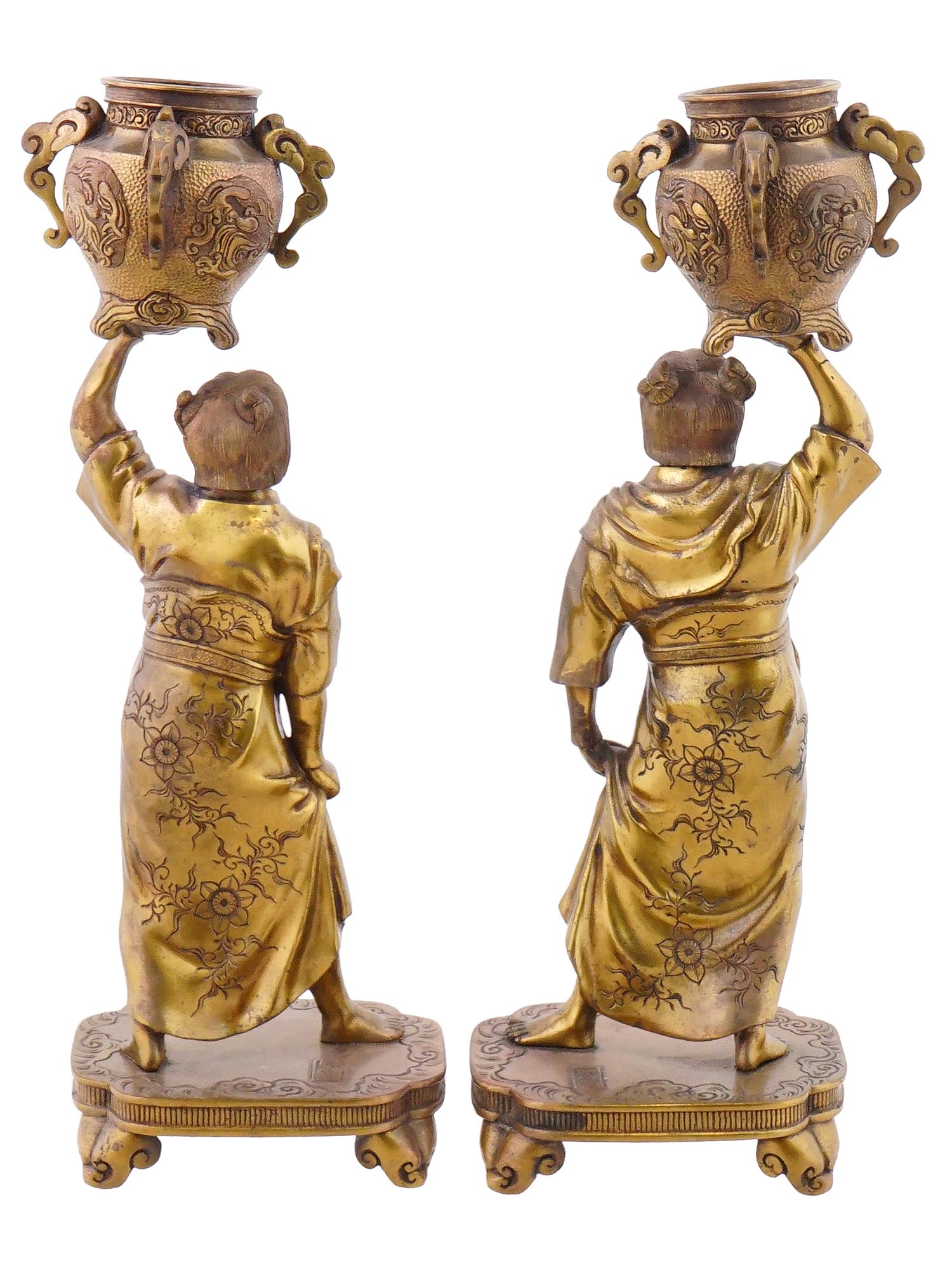 ANTIQUE JAPANESE MEIJI FIGURAL BRONZE CANDLE HOLDERS PIC-1