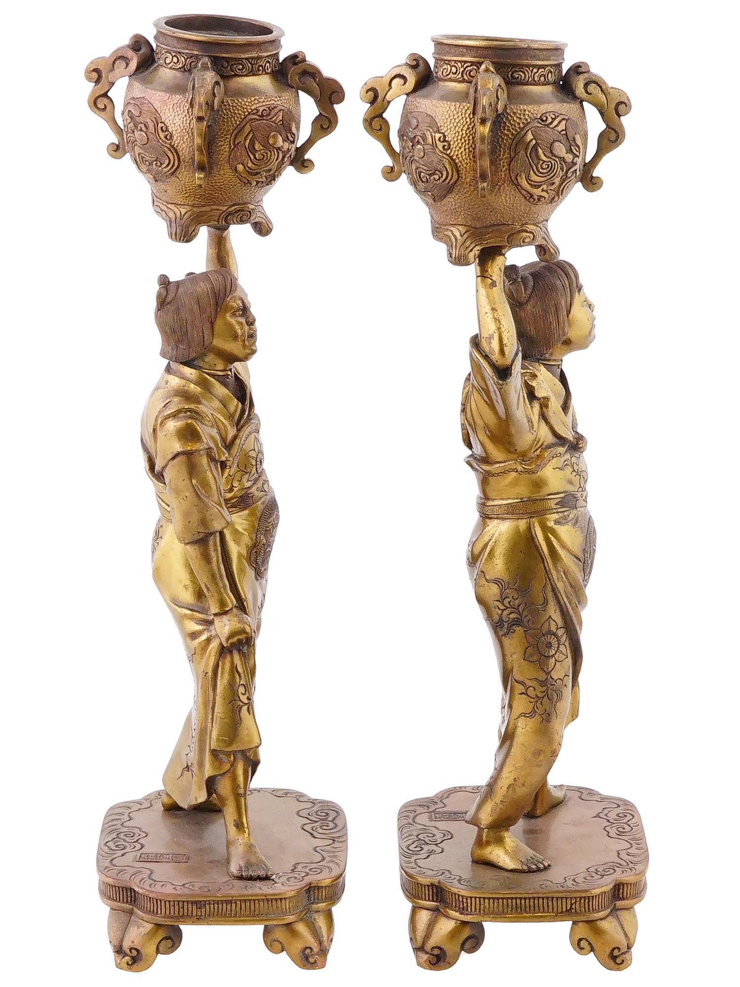 ANTIQUE JAPANESE MEIJI FIGURAL BRONZE CANDLE HOLDERS PIC-3