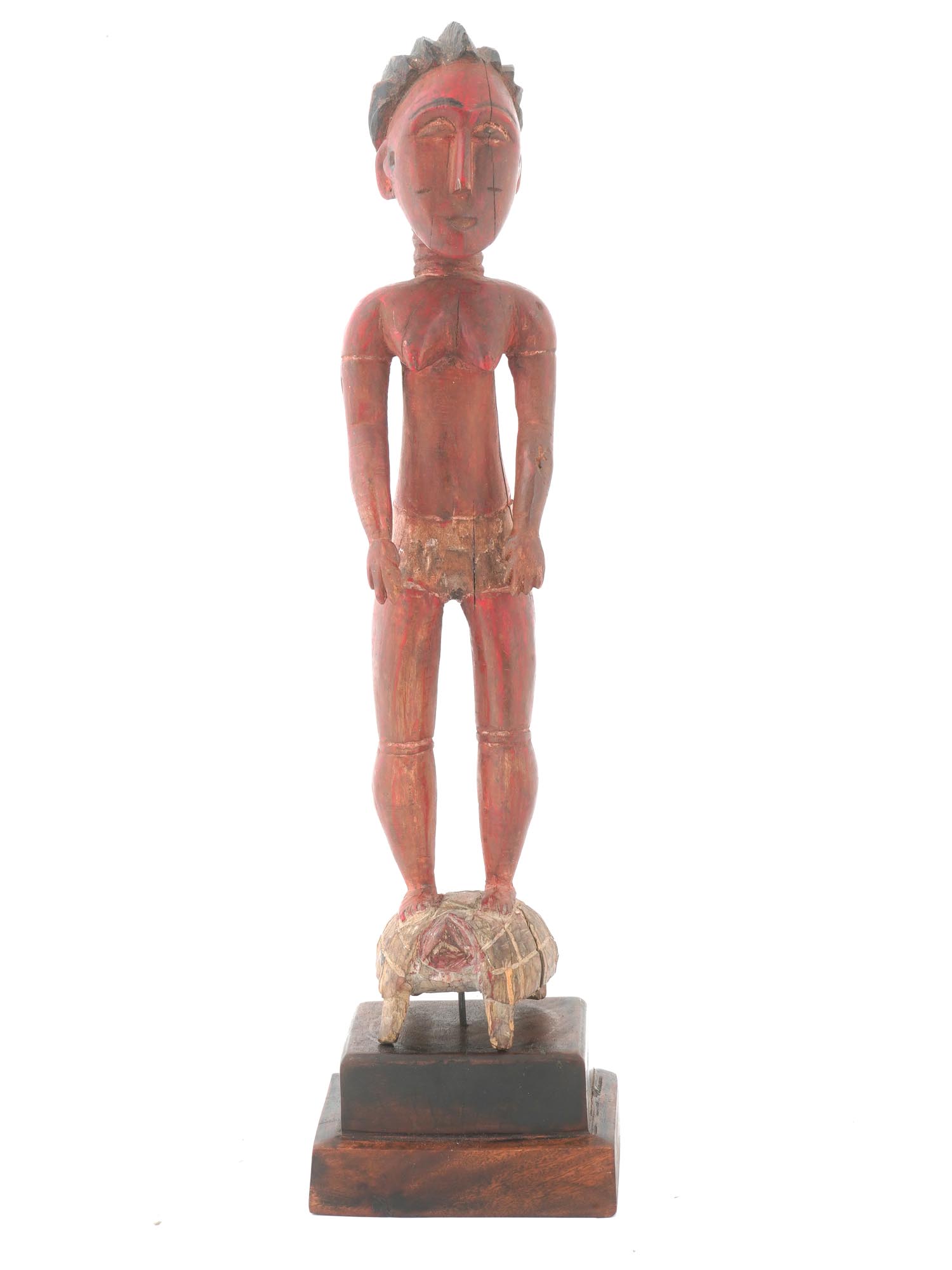 WEST AFRICAN BAULE CARVED RED WOOD FEMALE FIGURINE PIC-1