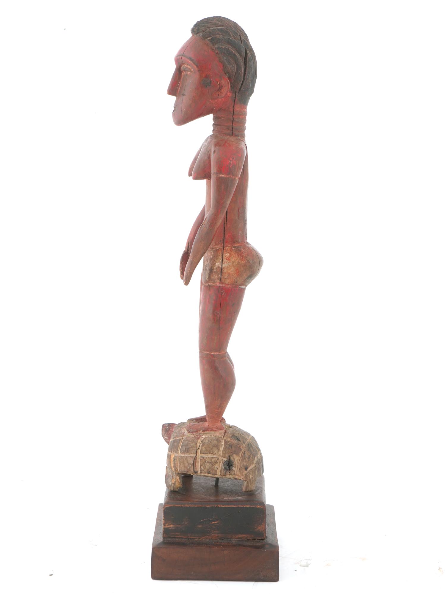 WEST AFRICAN BAULE CARVED RED WOOD FEMALE FIGURINE PIC-3