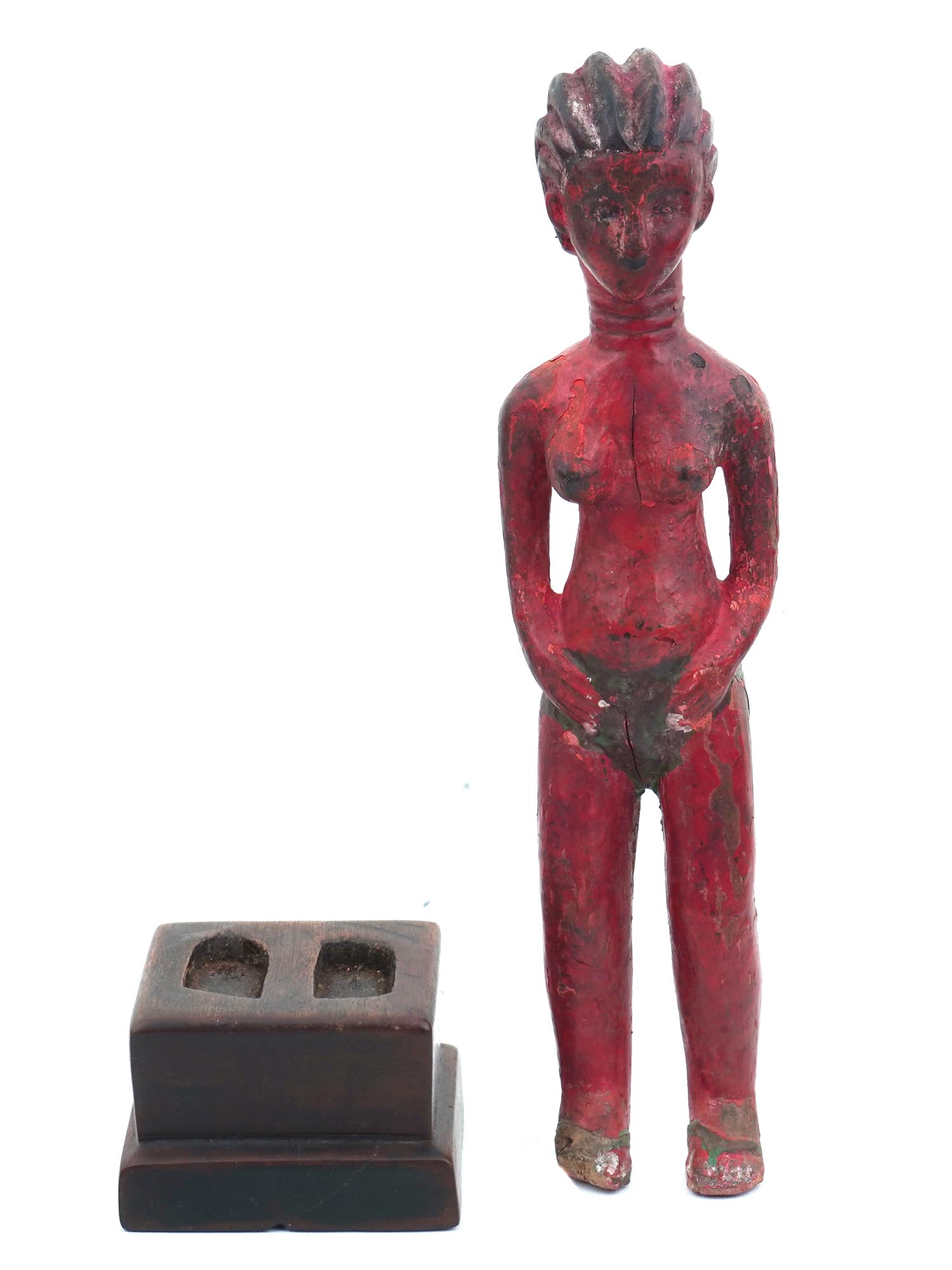 WEST AFRICAN BAULE CARVED RED WOOD FEMALE FIGURINE PIC-5