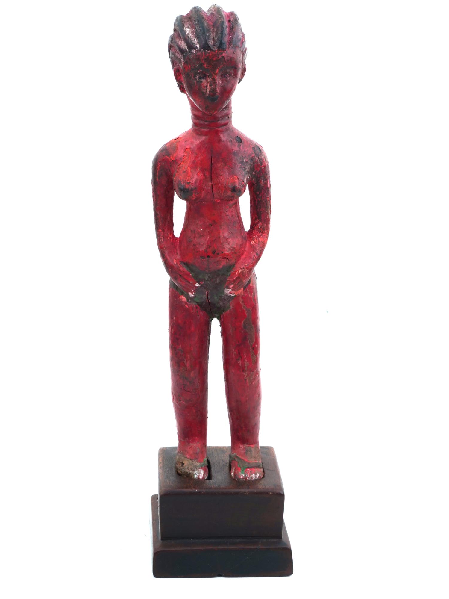 WEST AFRICAN BAULE CARVED RED WOOD FEMALE FIGURINE PIC-1