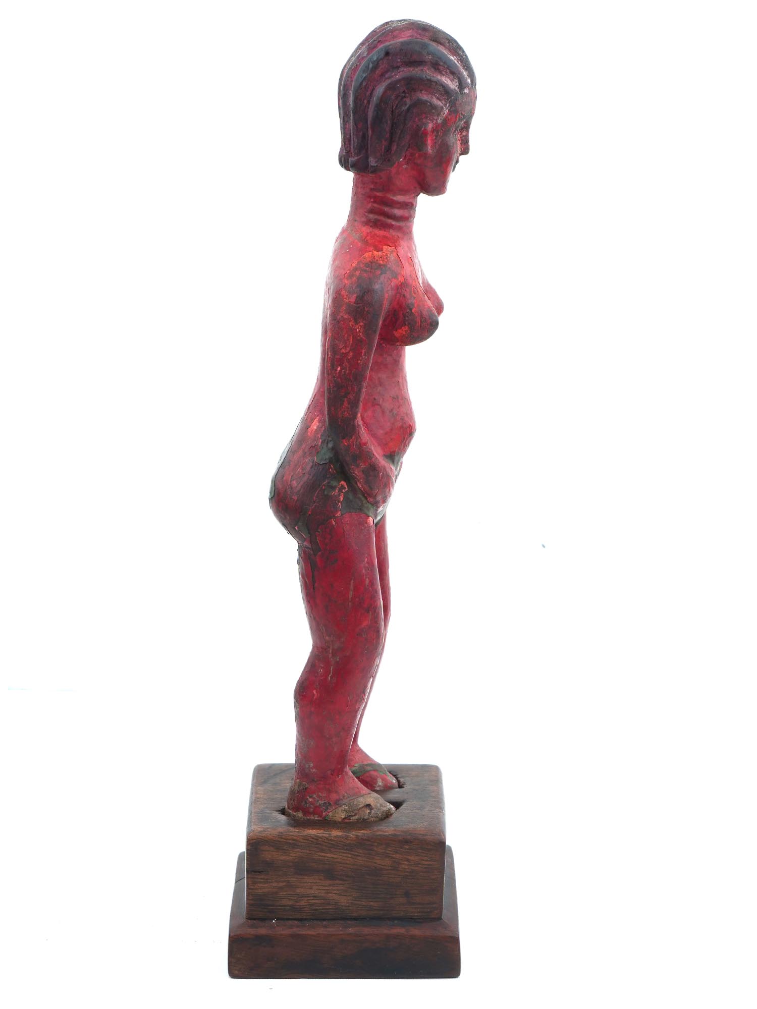 WEST AFRICAN BAULE CARVED RED WOOD FEMALE FIGURINE PIC-2