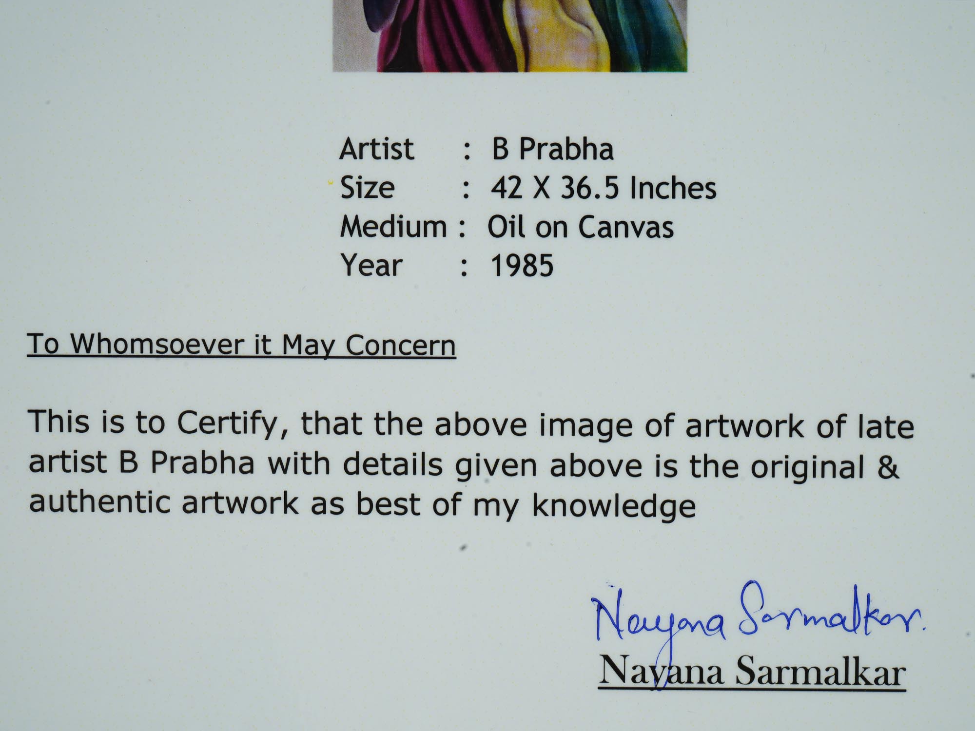 INDIAN B PRABHA OIL PAINTING W CERTIFICATE 1985 PIC-6