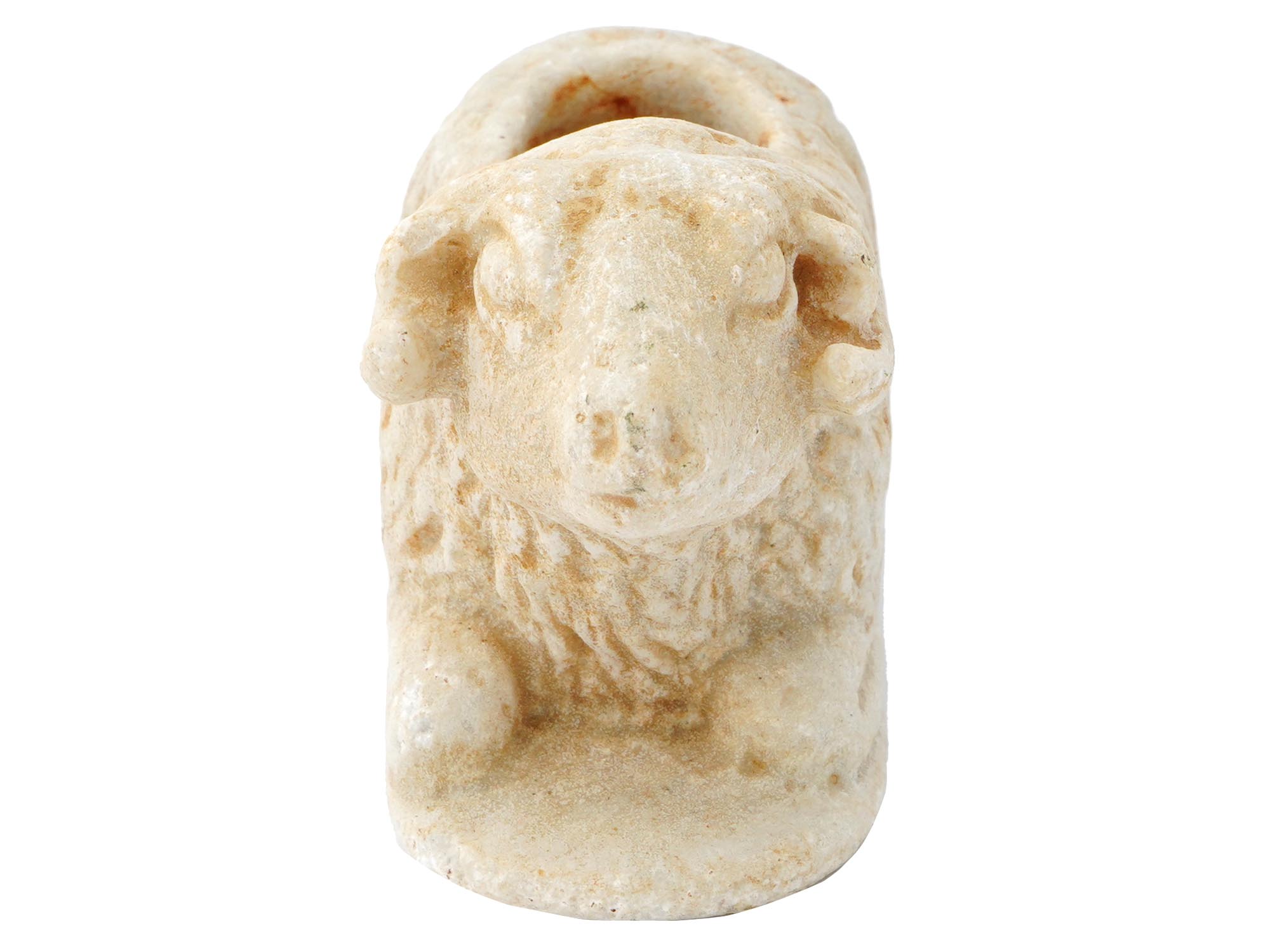 ANCIENT CARVED MARBLE LEANING RAM COSMETIC CONTAINER PIC-2