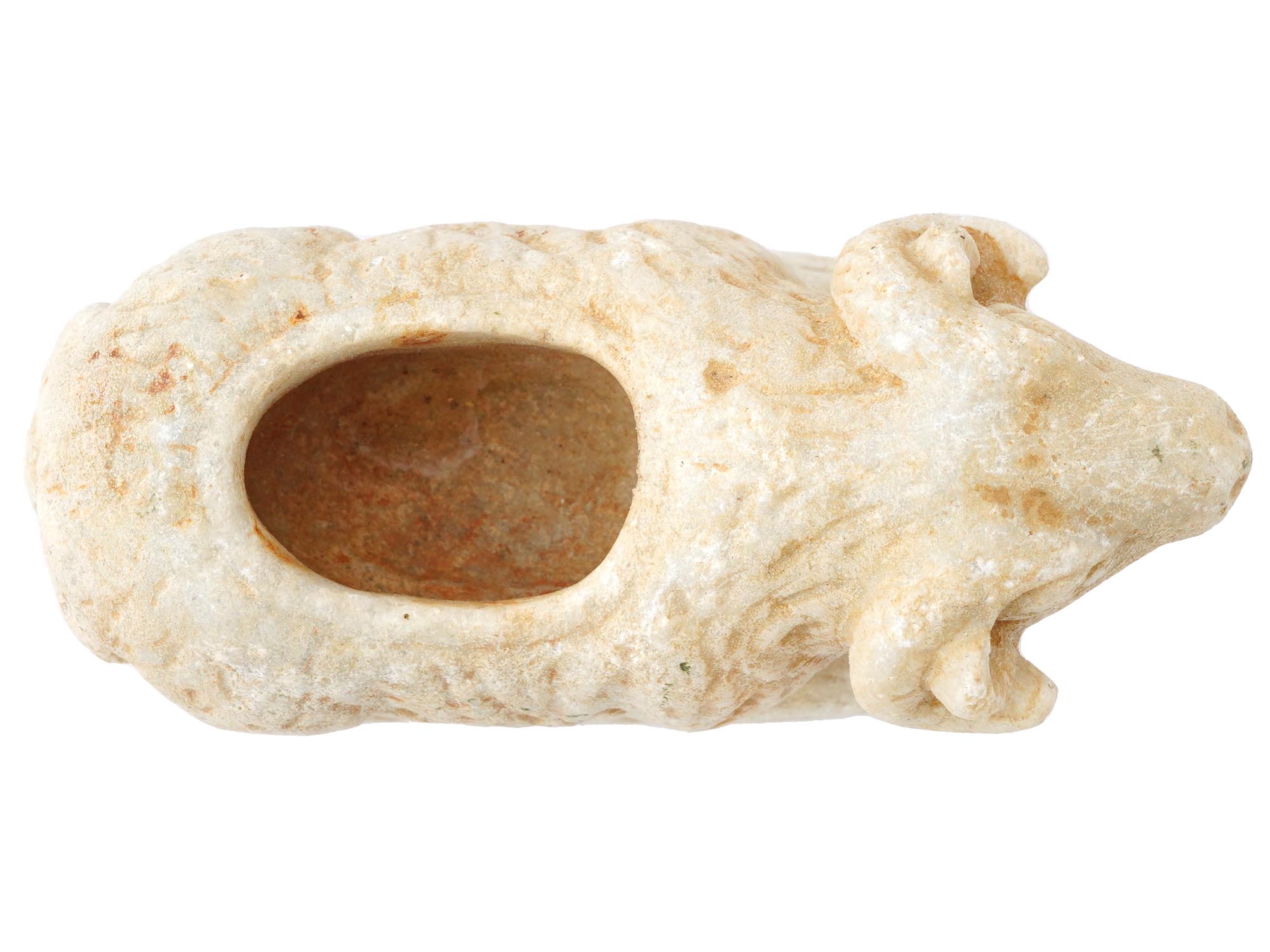 ANCIENT CARVED MARBLE LEANING RAM COSMETIC CONTAINER PIC-5