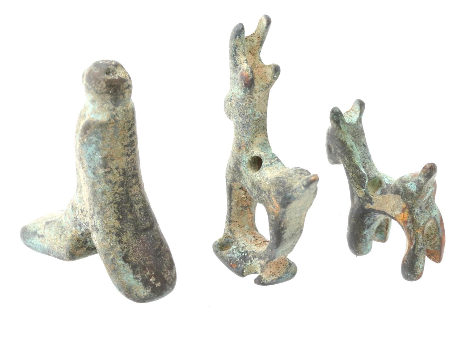 THREE SMALL ANCIENT ROMAN BRONZE AMULETS PIERCED PIC-2