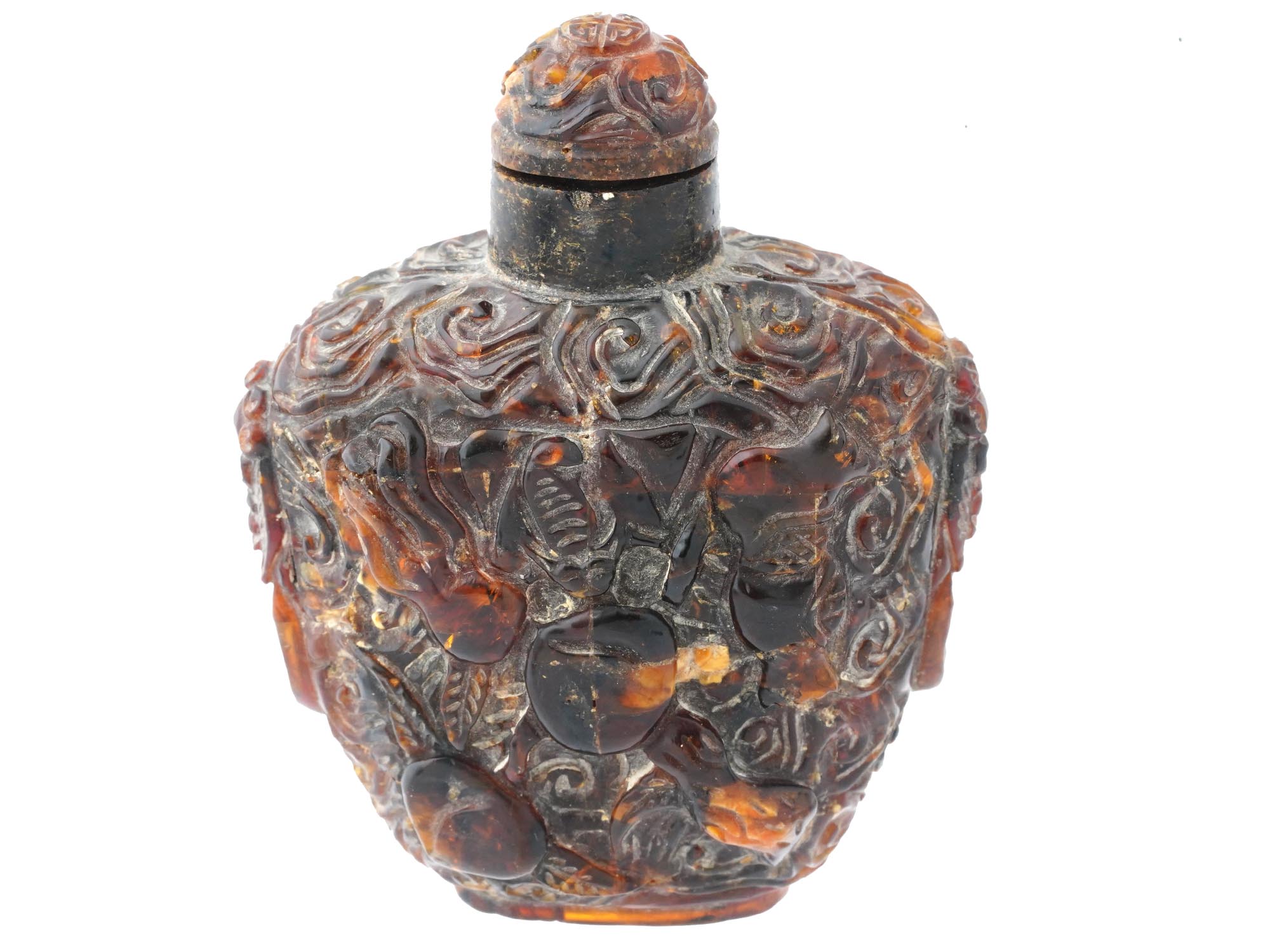 ANTIQUE CHINESE CARVED AMBER LIDDED SNUFF BOTTLE PIC-0