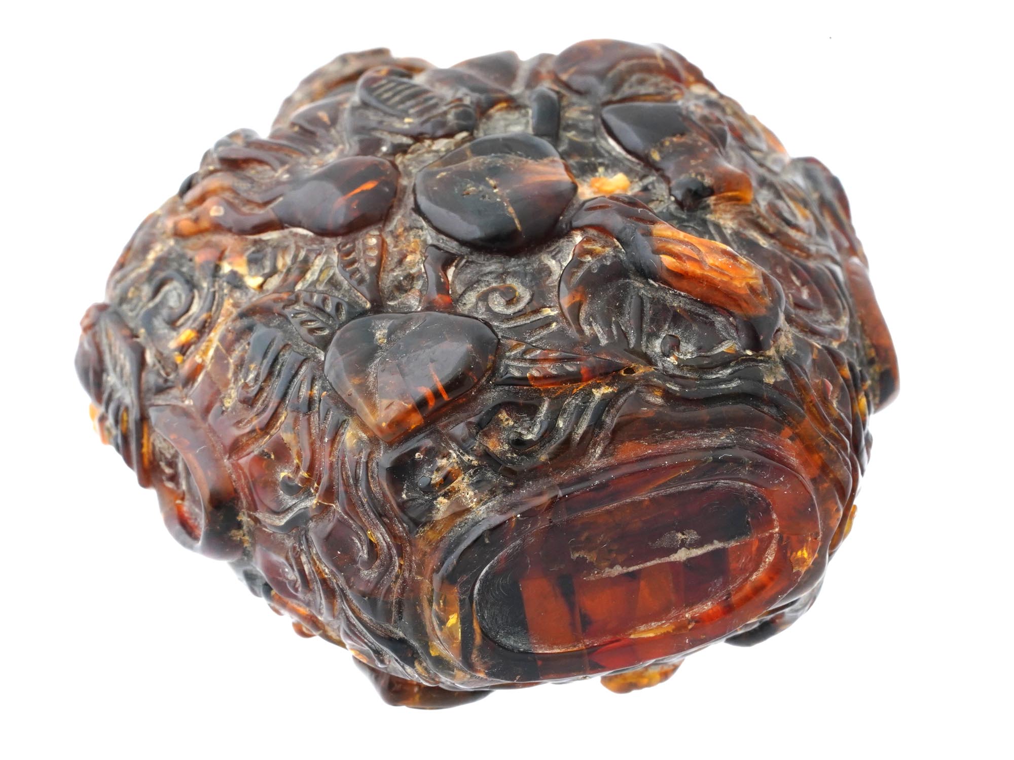 ANTIQUE CHINESE CARVED AMBER LIDDED SNUFF BOTTLE PIC-5