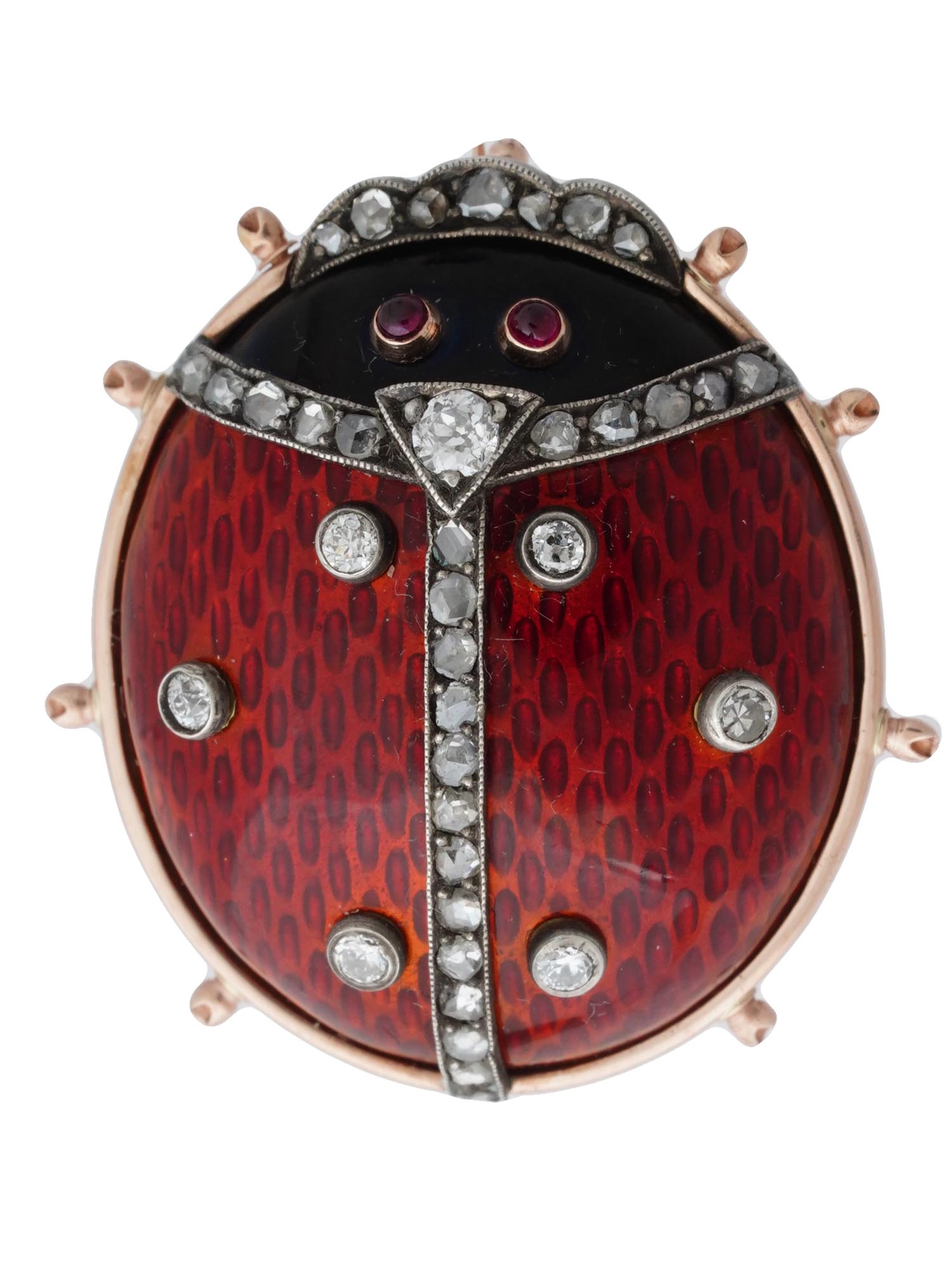 RUSSIAN GOLD ENAMEL ONYX GEMS LADYBUG BROOCH IOB PIC-1