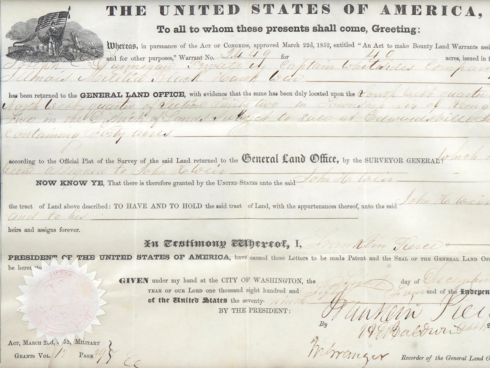 AMERICAN DOCUMENT SIGNED BY PRESIDENT FRANKLIN PIERCE PIC-1