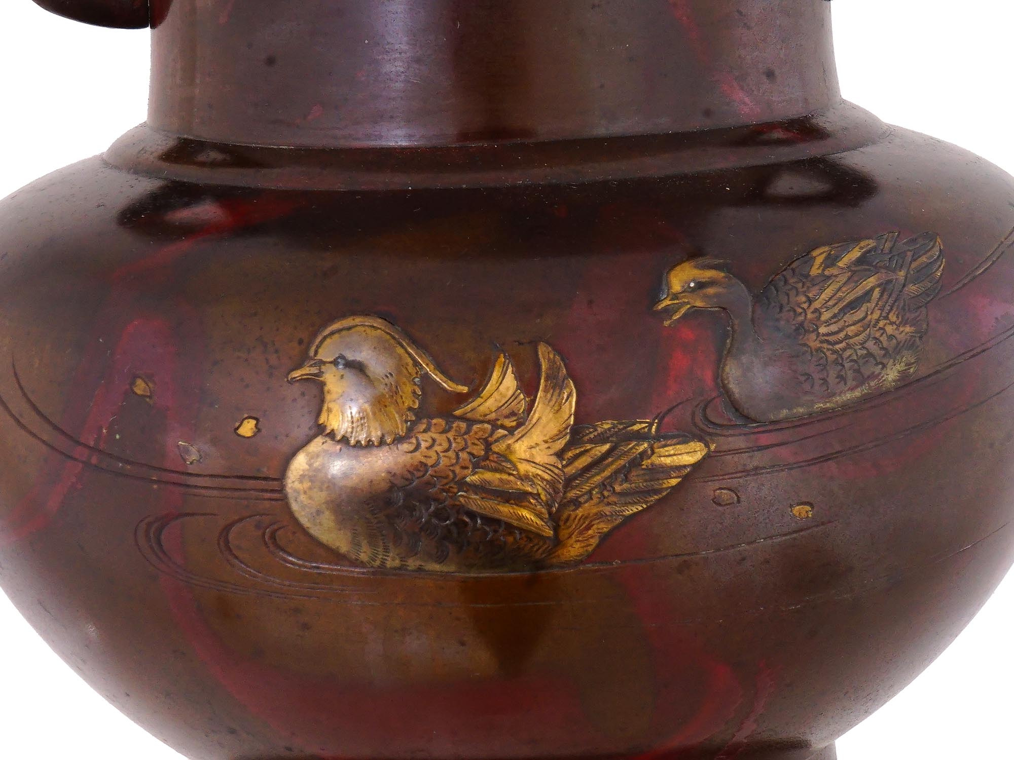 ANTIQUE MEIJI JAPANESE GILT BRONZE VASE W 2 DUCKS PIC-6