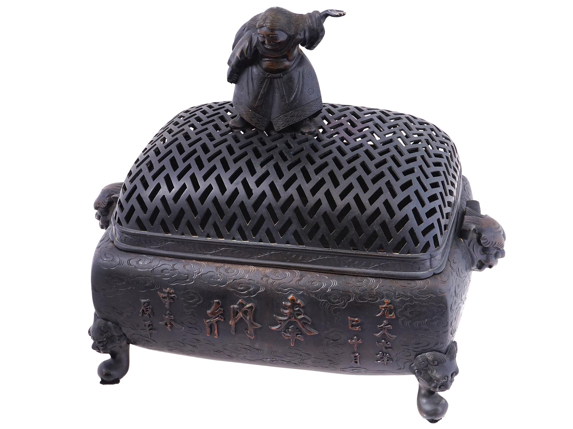 LARGE ANTIQUE MEIJI JAPANESE BRONZE INCENSE BURNER PIC-0