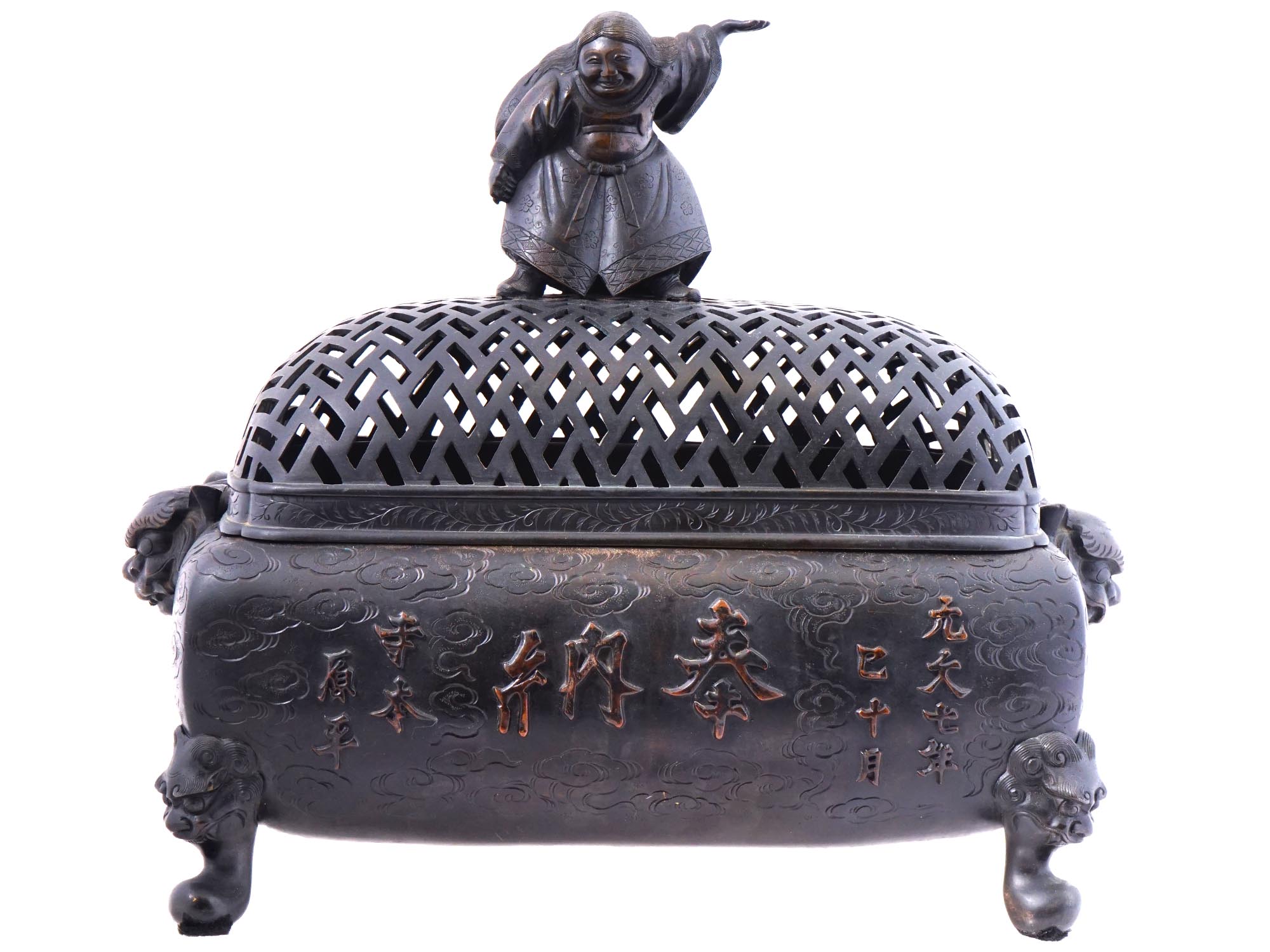 LARGE ANTIQUE MEIJI JAPANESE BRONZE INCENSE BURNER PIC-1