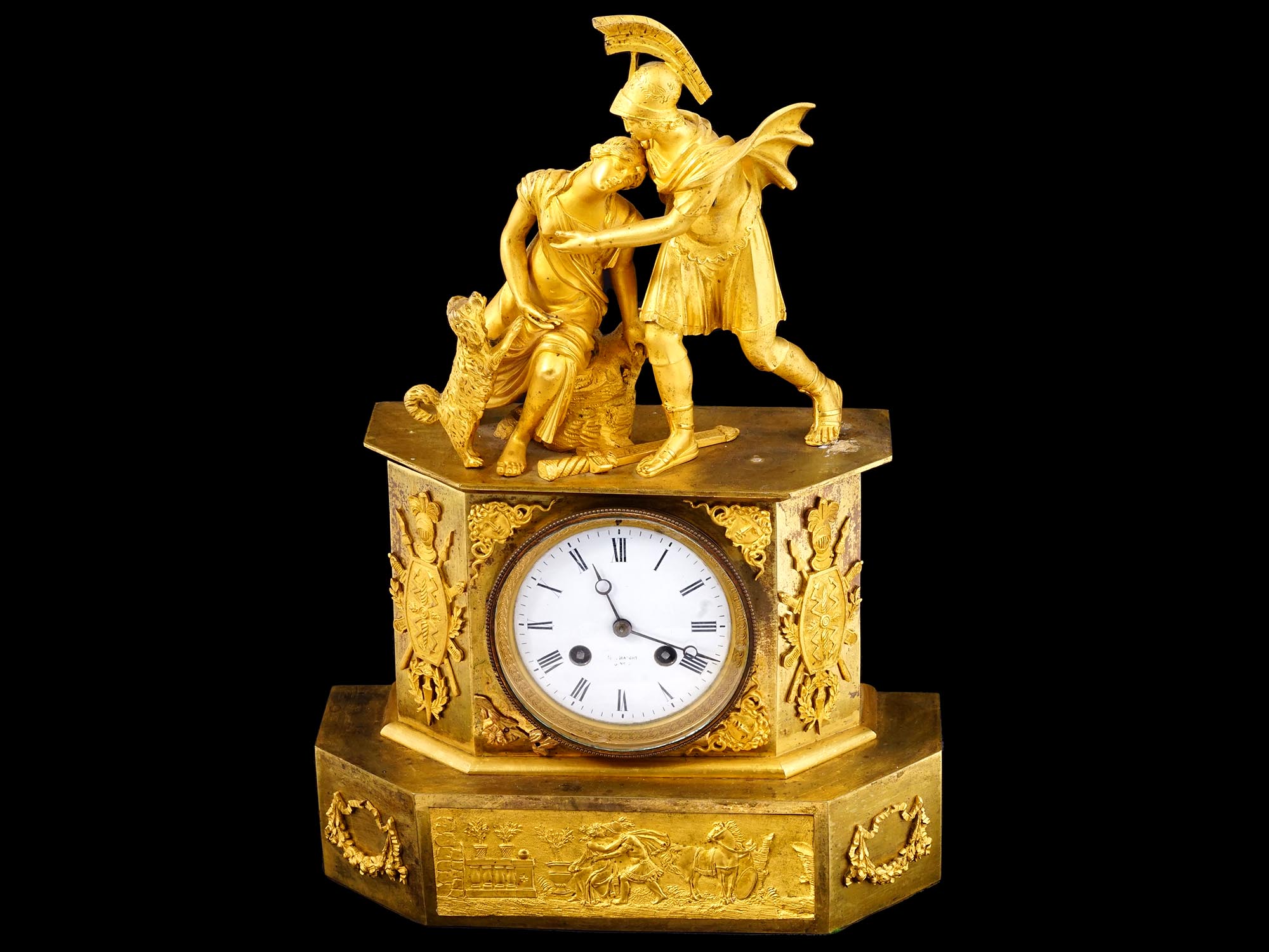 ANTIQUE FRENCH EMPIRE GILT BRONZE MANTEL CLOCK PIC-0