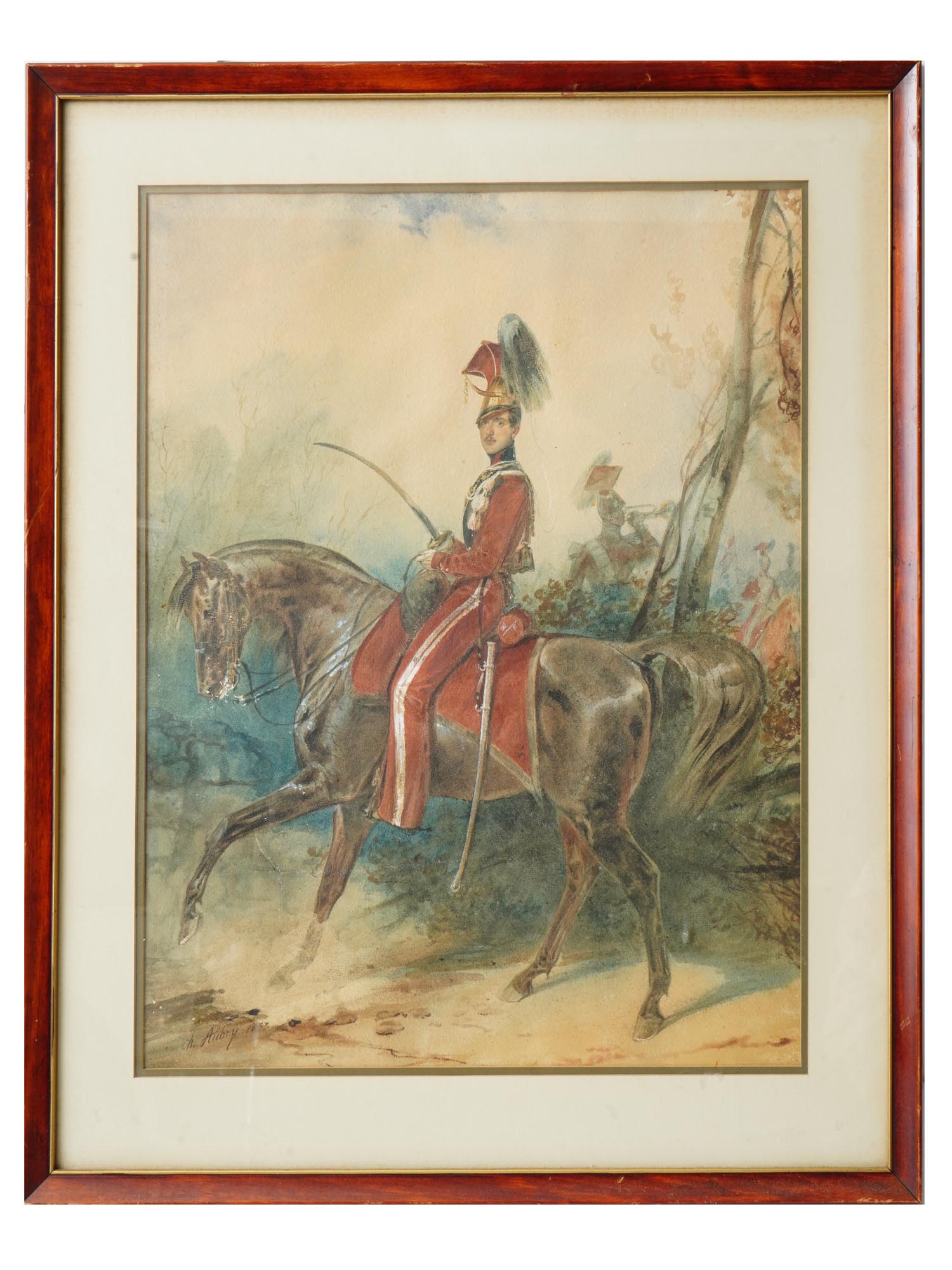 EQUESTRIAN WATERCOLOR PAINTING BY CHARLES AUBRY PIC-0